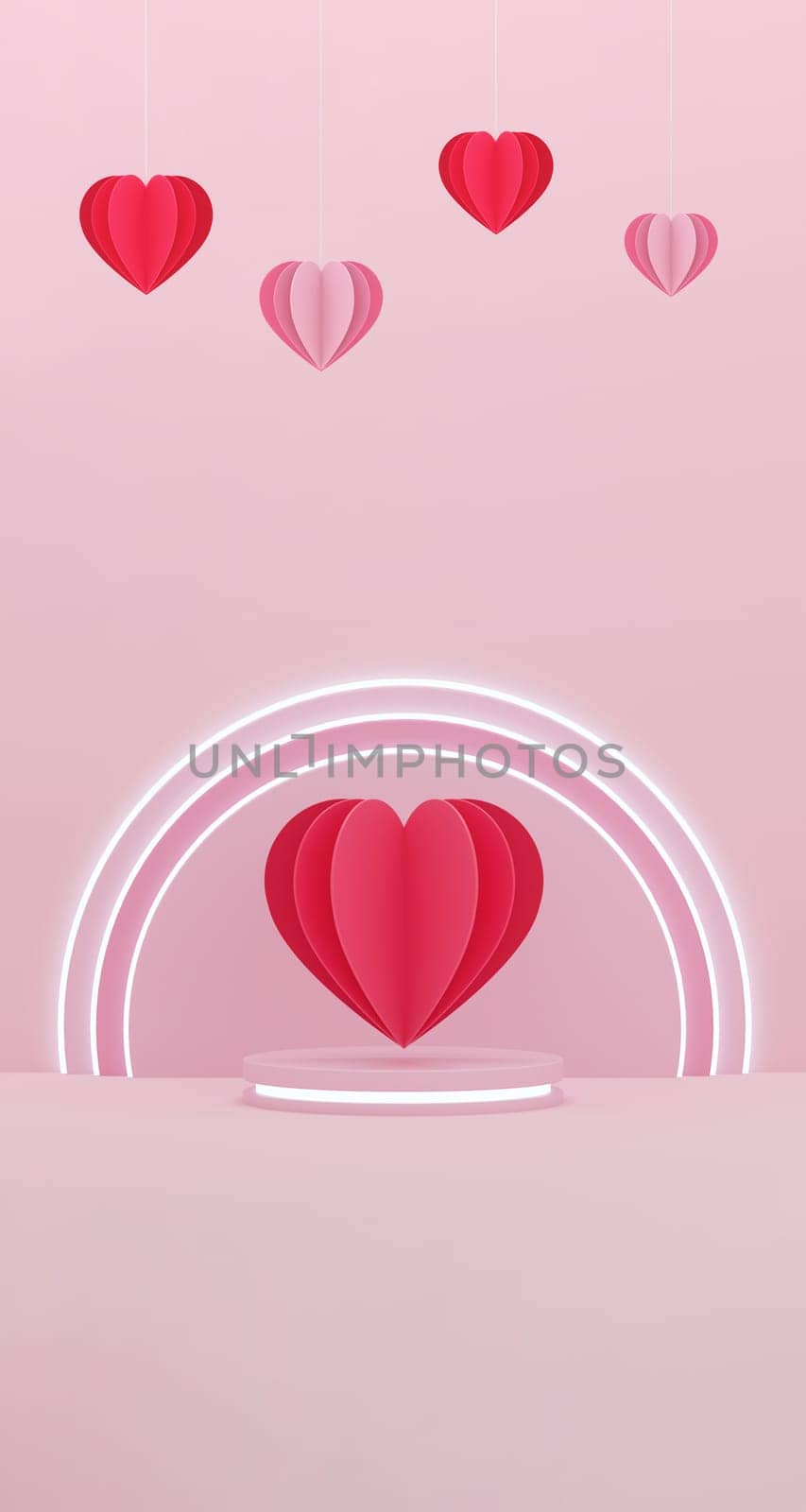 Paper heart and Heart balloon hanging on neon platform pink background. Valentines, mother or woman day concept. 3D illustration.