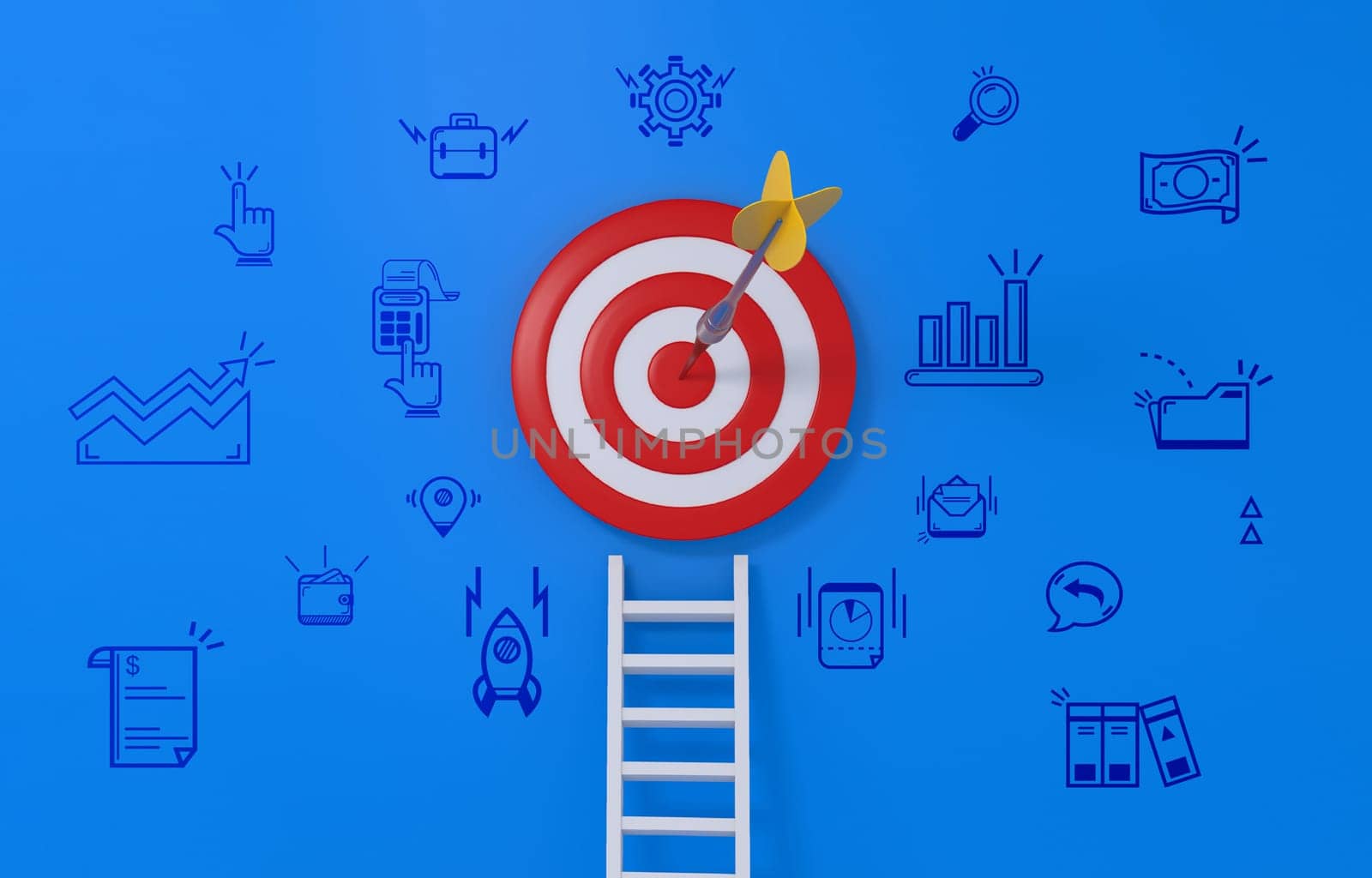 Ladder glowing and aiming high with business icons on blue background. by ImagesRouges