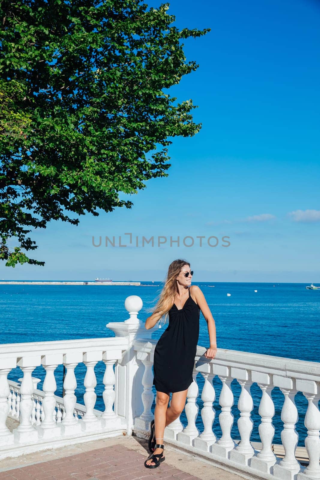 a woman in a black dress and stands by the railing near the sea in the park walk