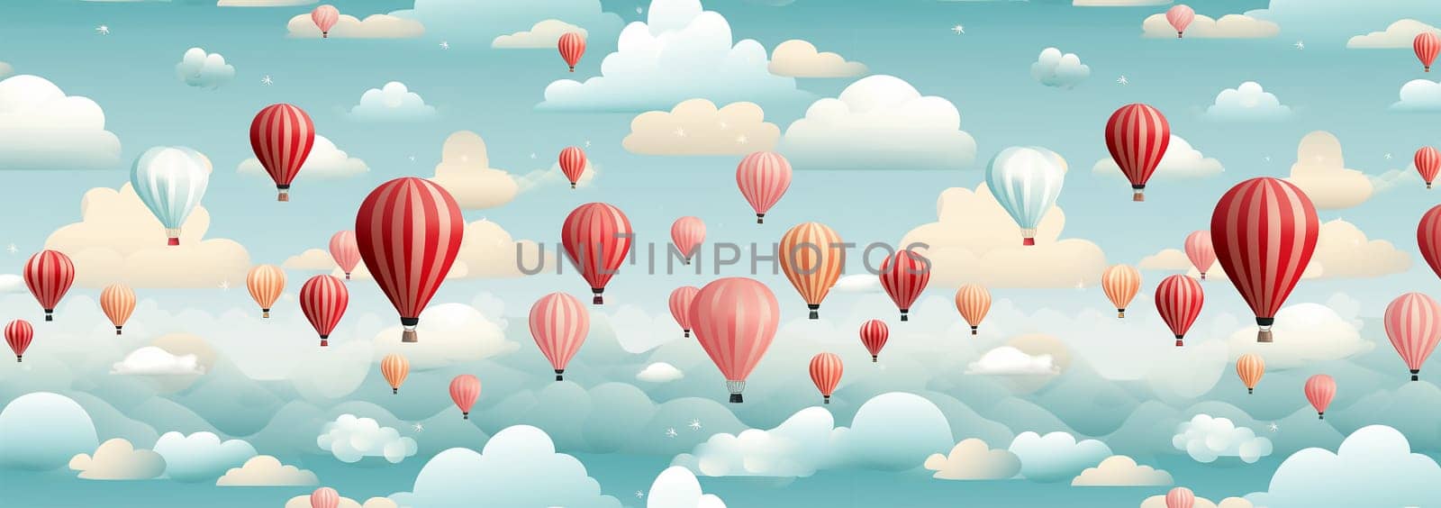 Cute pastel colored Boho seamless pattern with hot air balloons and clouds. Hand drawn balloon in the sky.Pastel neutral shades. Cute baby background. Funny decor for nursery, textiles, clothing, packaging, interior. Copy space