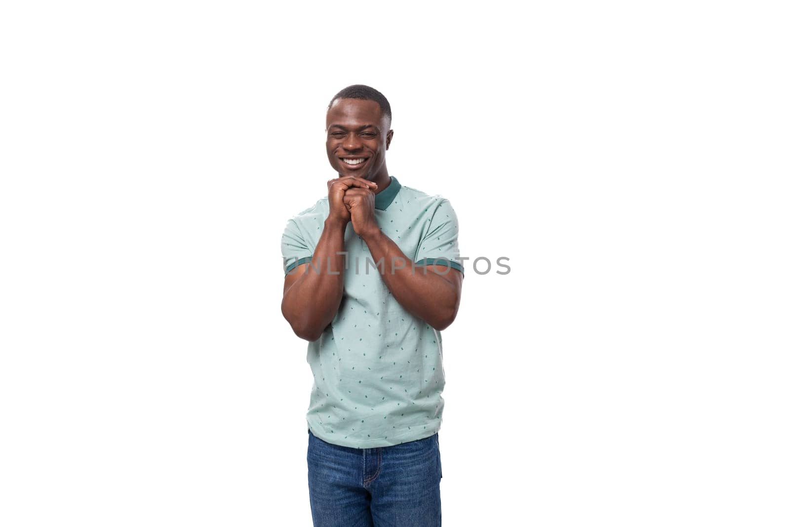 young charismatic american guy dressed in a mint t-shirt on a white background by TRMK