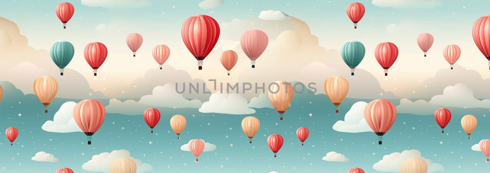 Cute pastel colored Boho seamless pattern with hot air balloons and clouds. Hand drawn balloon in the sky.Pastel neutral shades. Cute baby background. Funny decor for nursery, textiles, clothing, packaging, interior. Copy space