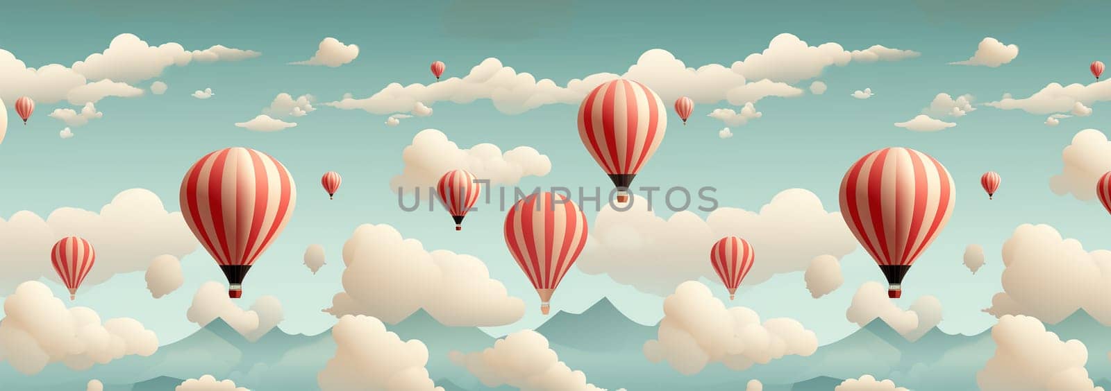 Cute pastel colored Boho seamless pattern with hot air balloons and clouds. Hand drawn balloon in the sky.Pastel neutral shades. Cute baby background. Funny decor for nursery, textiles, clothing, packaging, interior. by Annebel146