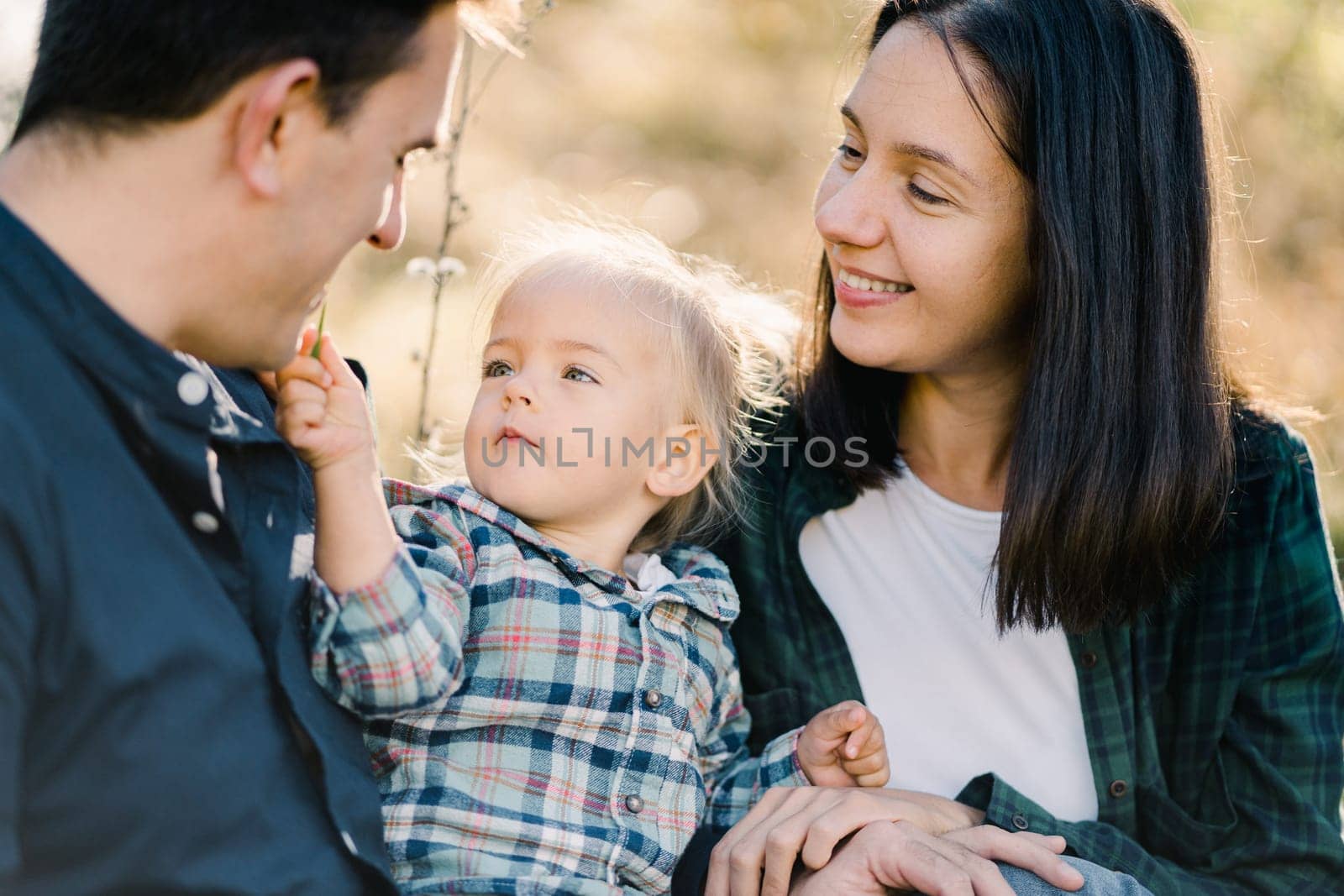 Smiling mom watches as a little girl touches her dad face with a blade of grass. Portrait. High quality photo