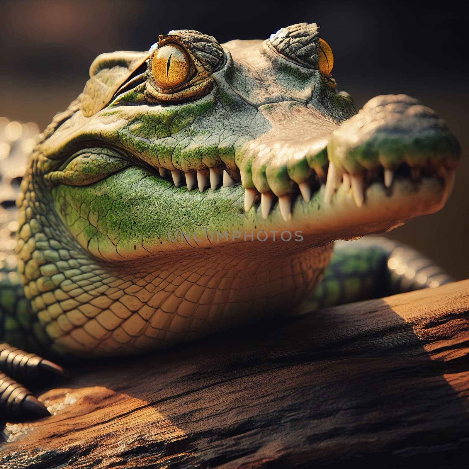 A huge crocodile basks in the sun. Generative AI. High quality illustration