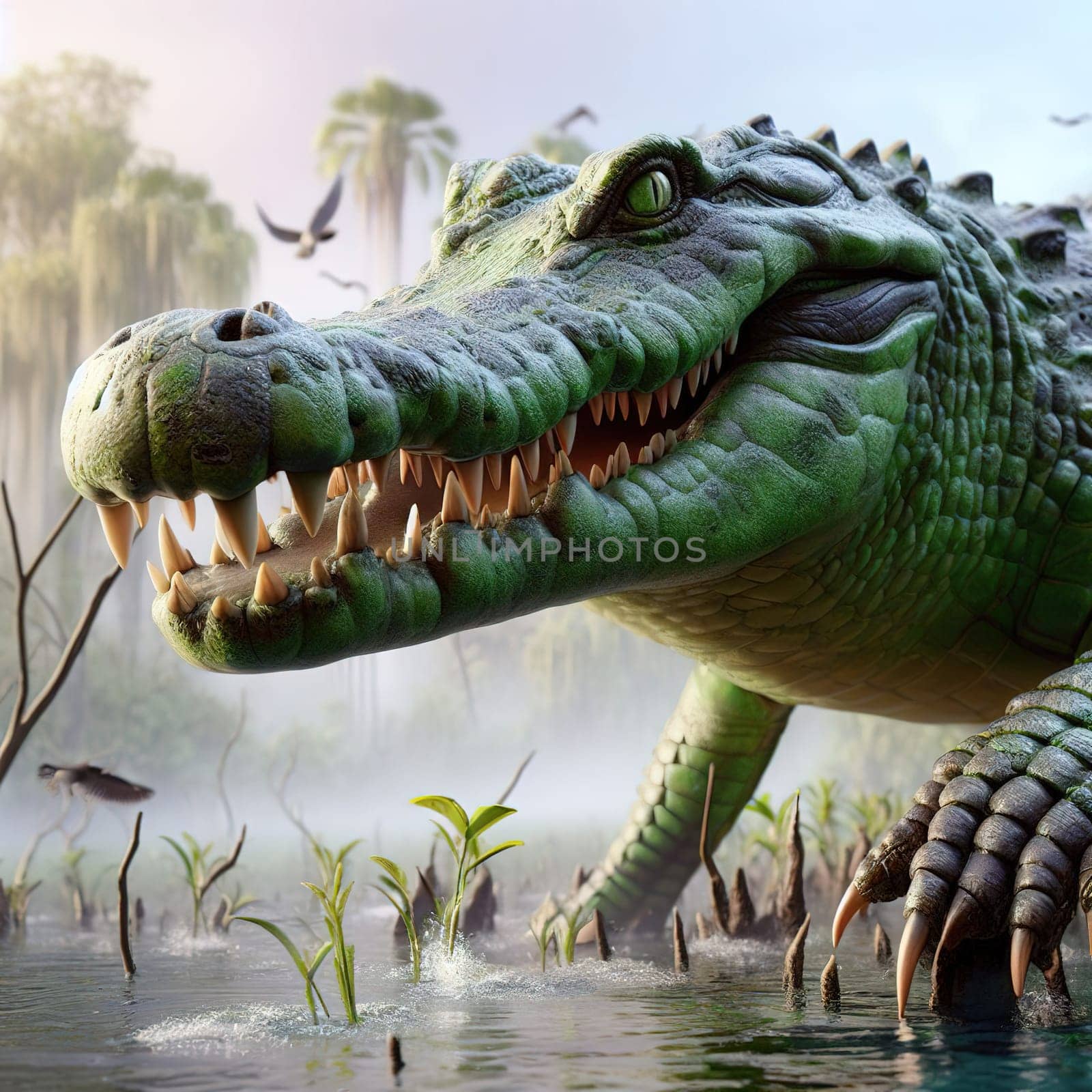 A huge crocodile basks in the sun. Generative AI by gordiza