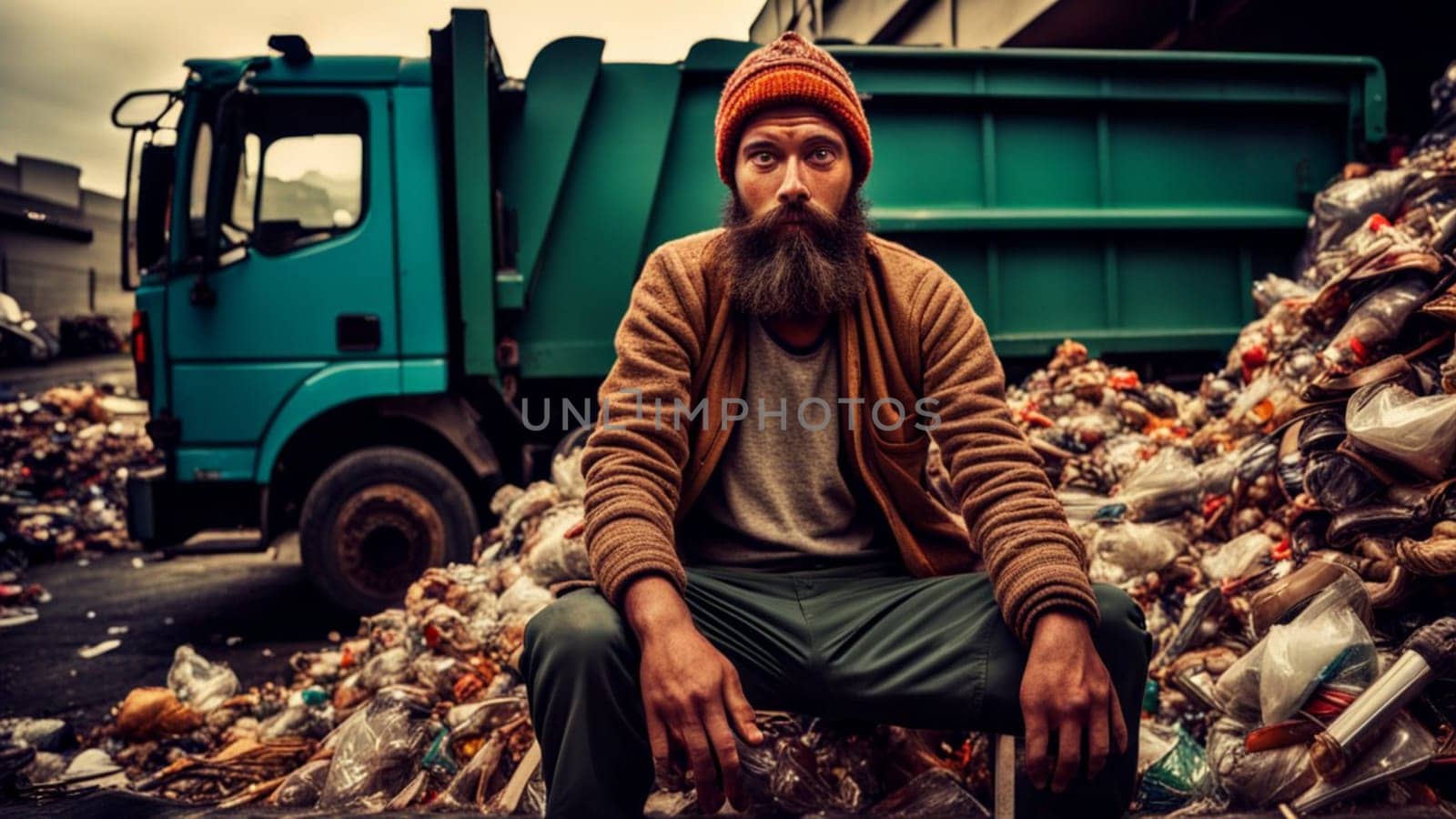 Portrait of a garbage truck driver unloading waste in a dump by verbano