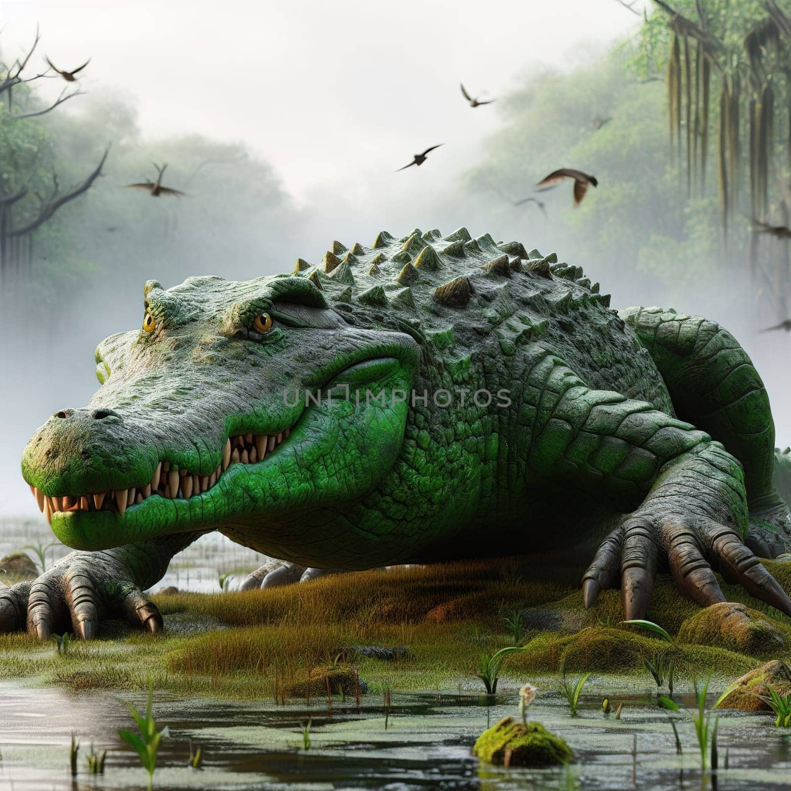 A huge crocodile basks in the sun. Generative AI by gordiza