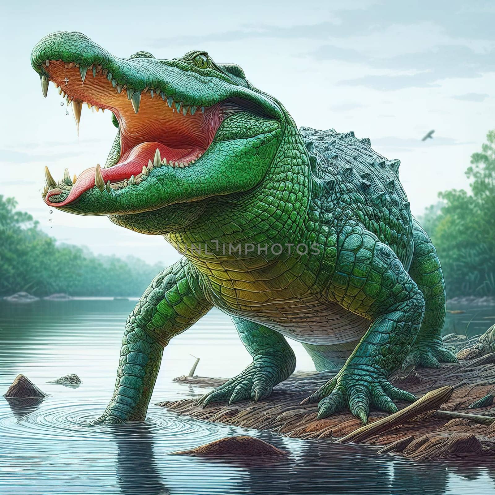 A huge crocodile basks in the sun. Generative AI. High quality illustration
