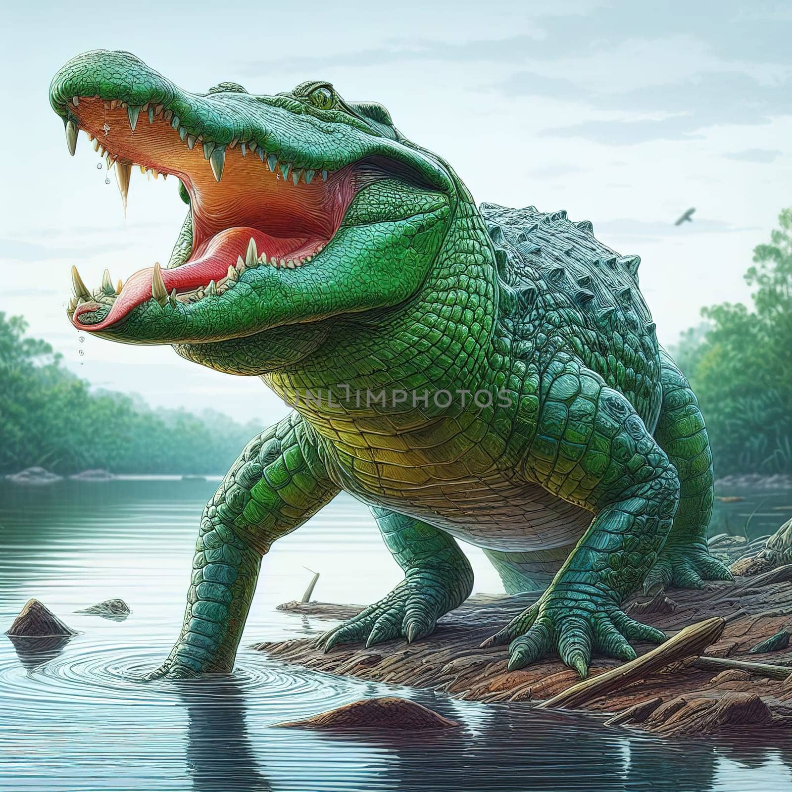 A huge crocodile basks in the sun. Generative AI by gordiza