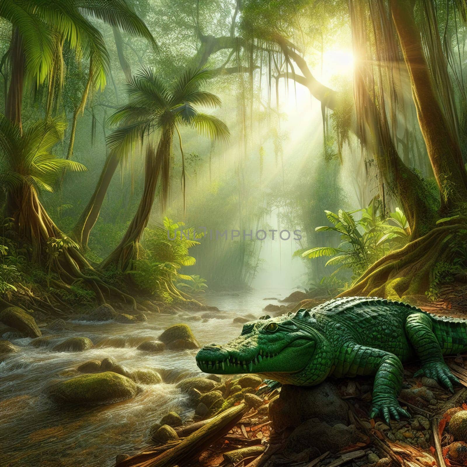 A huge crocodile basks in the sun. Generative AI. High quality illustration