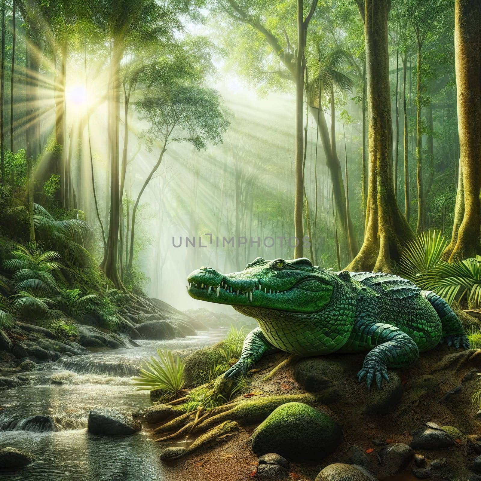 A huge crocodile basks in the sun. Generative AI by gordiza