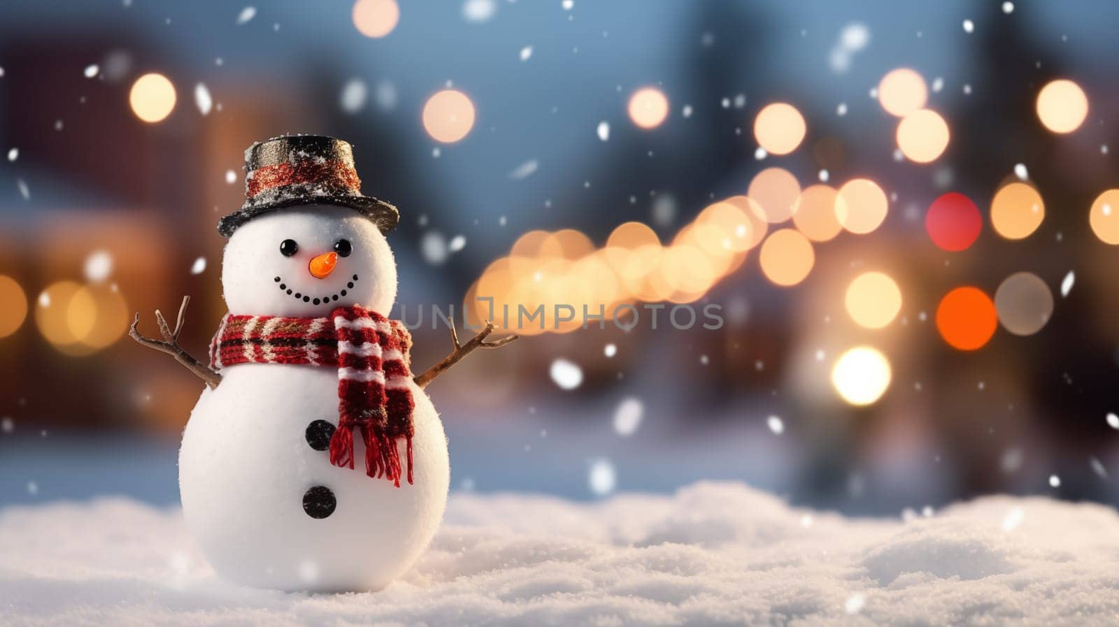 Cute Snowman Wearing Hat And Red Scarf In Winter Snow Falling, Christmas Lightening On Background. Copy Space For Text. Illustration. New Year Magic Concept. Postcard Or Mockup. Ai Generated Image by netatsi