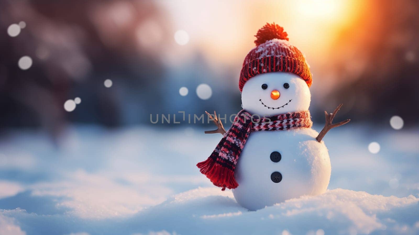 Little Frosty Or Snowman Wearing Red Hat And Scarf In Winter Snow Falling. Christmas Evening. Copy Space For Text. Background New Year Eve Magic Concept. Postcard Or Mockup. Ai Generated Image.