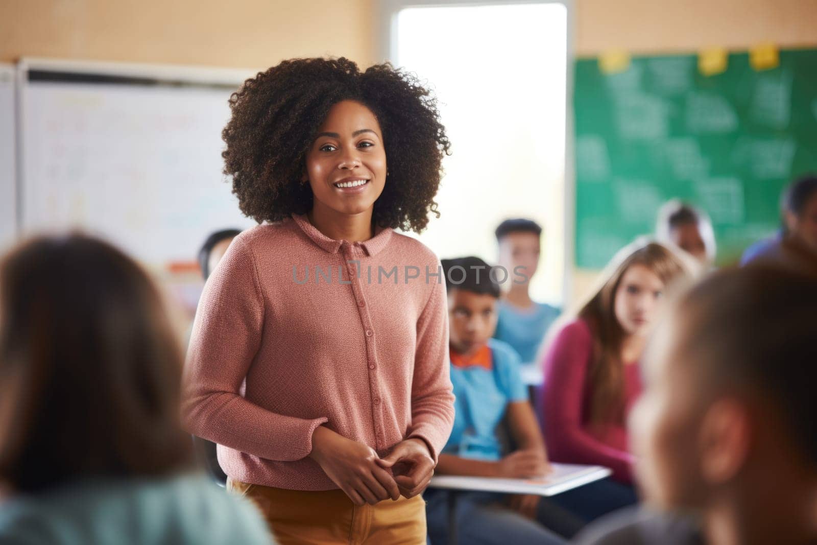 smiling African American woman teaching in classroom. AI Generated by Desperada