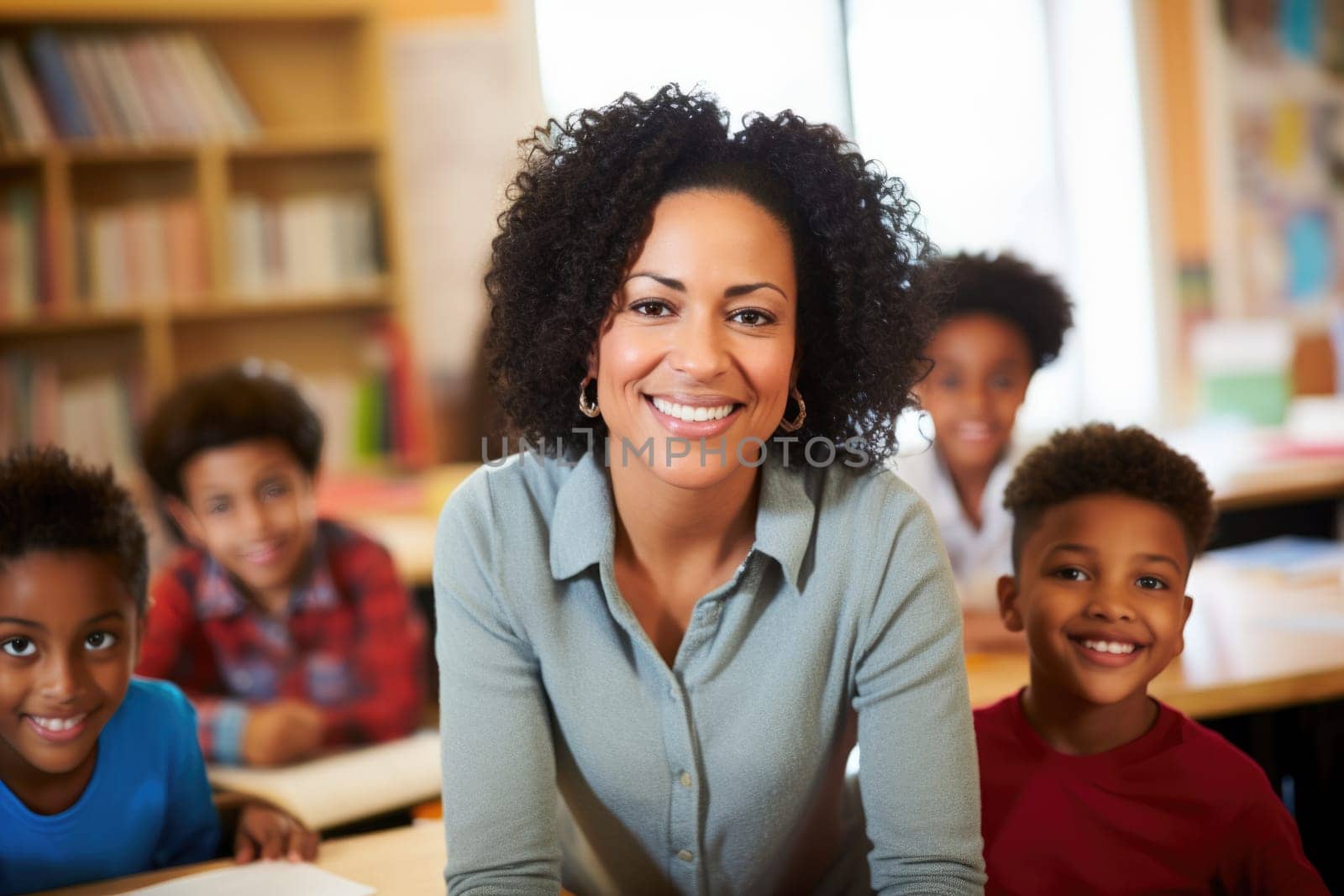 smiling African American woman teaching in classroom. AI Generated by Desperada