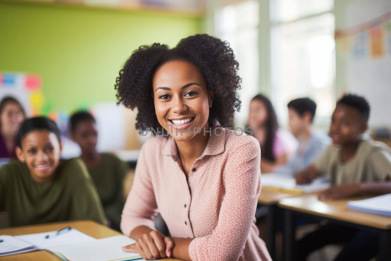 smiling African American woman teaching in classroom. AI Generated by Desperada