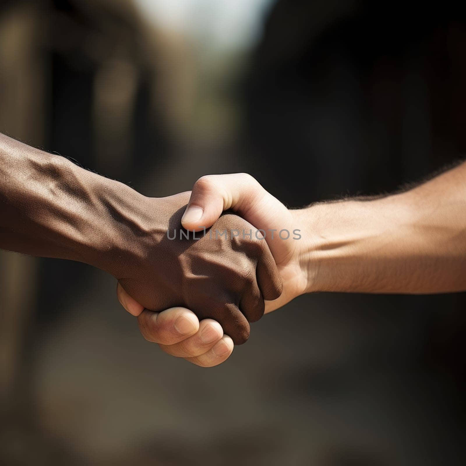 Closeup of two arms different race skin colors multinational friends shaking hands. AI Generated by Desperada