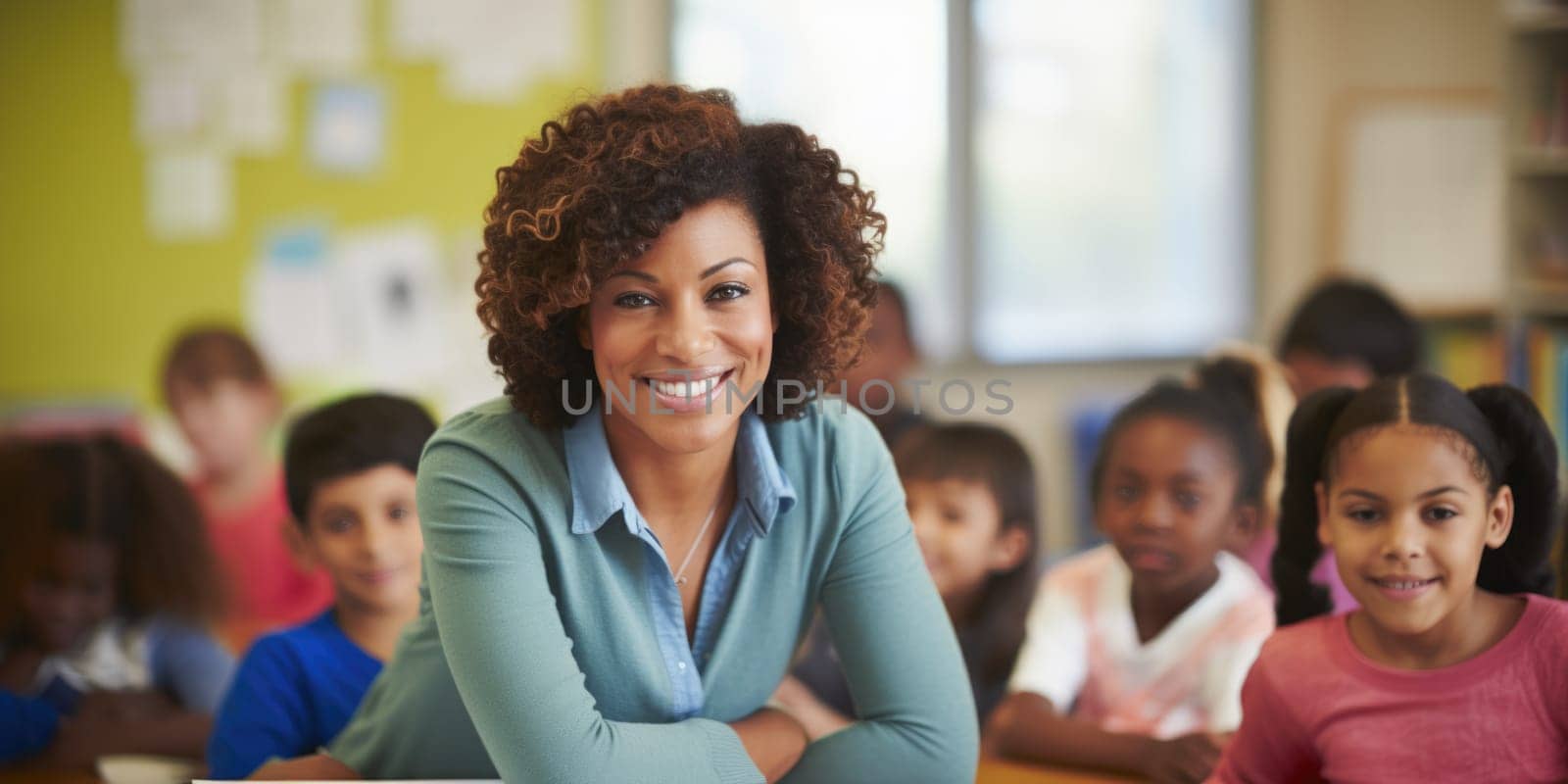 smiling African American woman teaching in classroom. AI Generated by Desperada