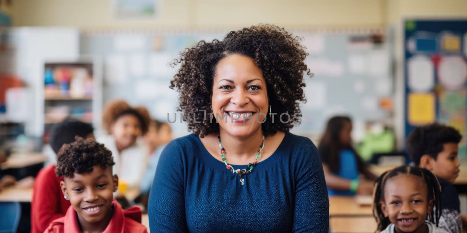 smiling African American woman teaching in classroom. AI Generated by Desperada