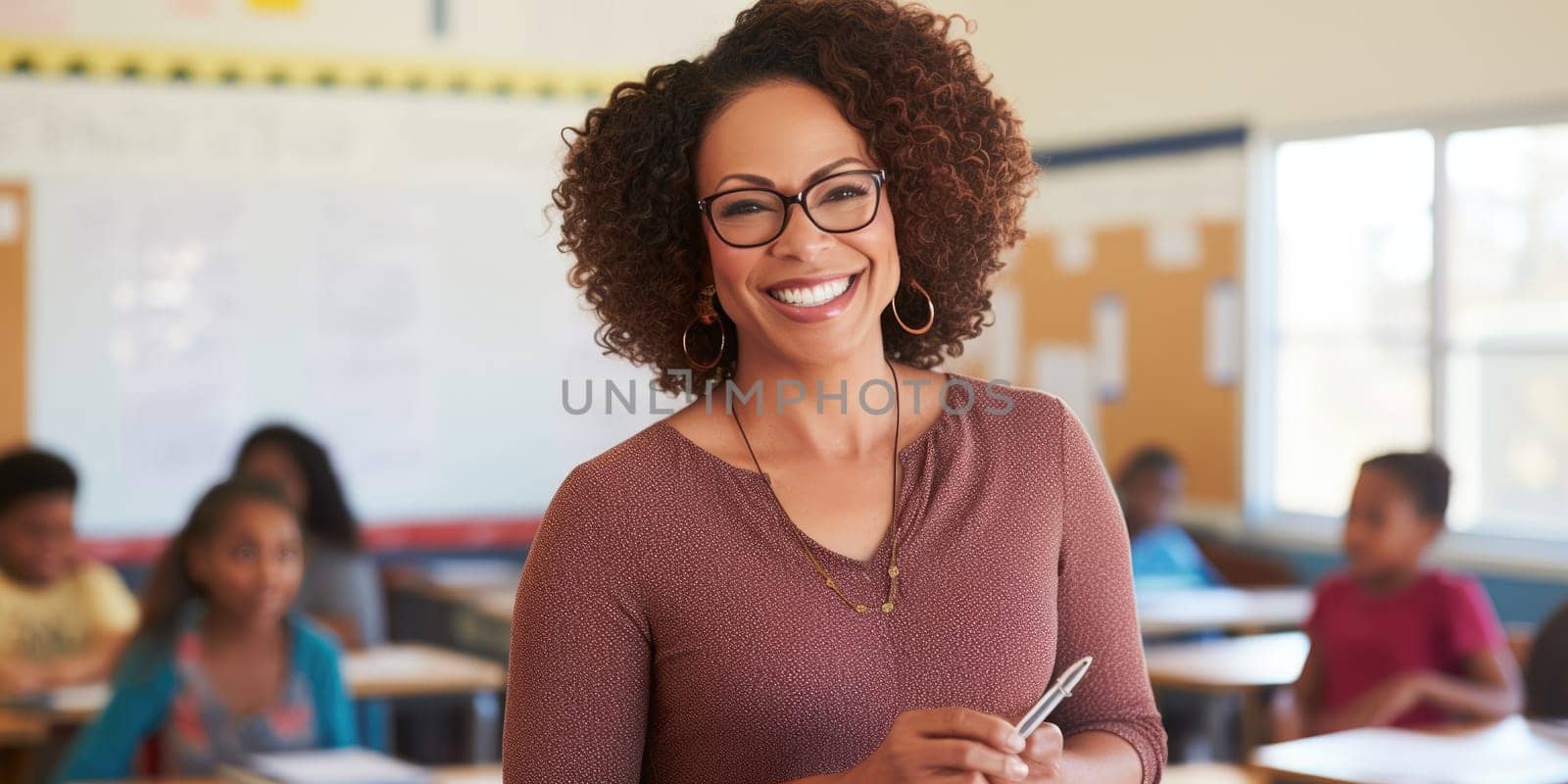 smiling African American woman teaching in classroom. AI Generated by Desperada