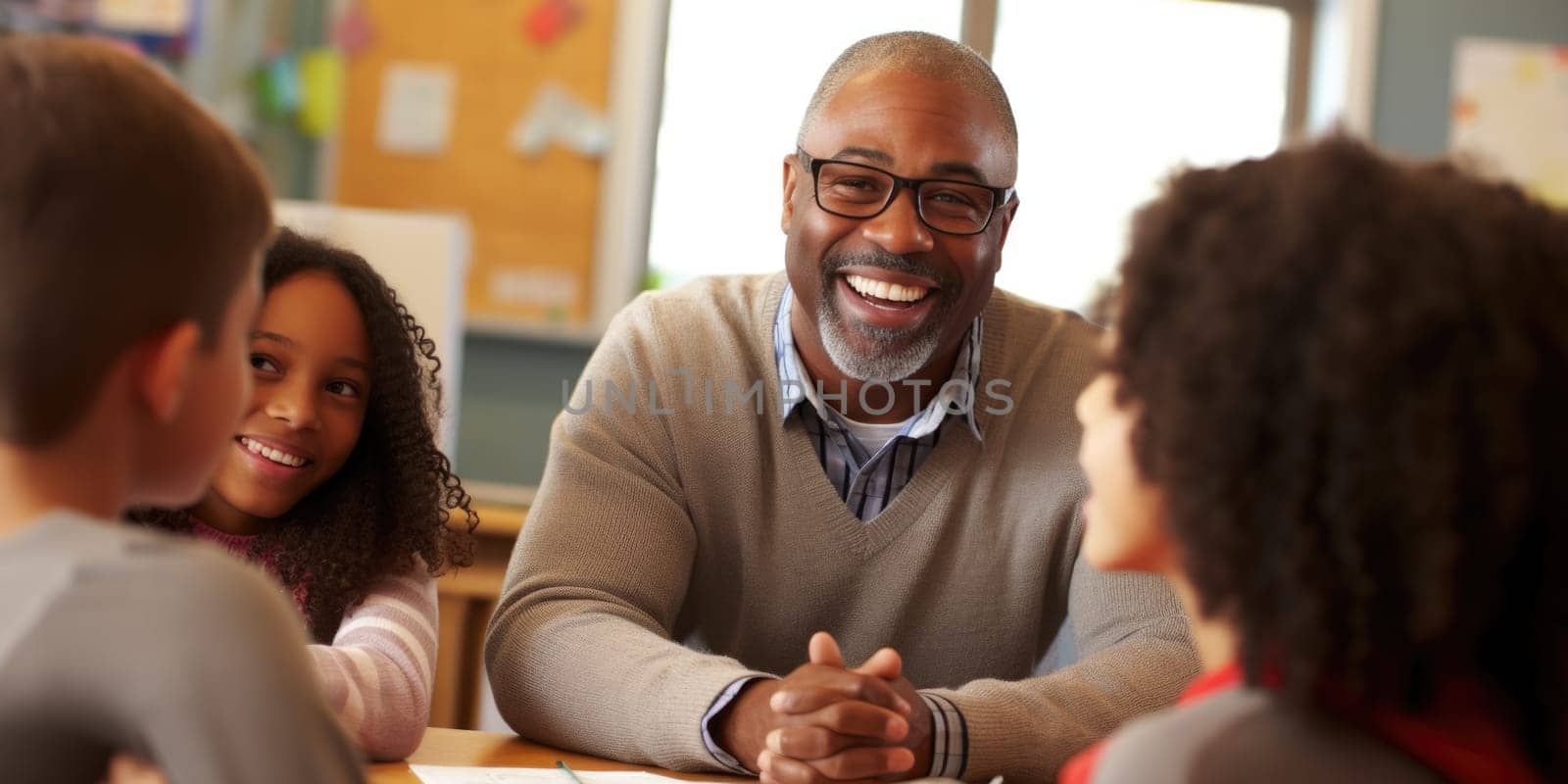 smiling African American man wearing glasses teaching in classroom. AI Generated by Desperada