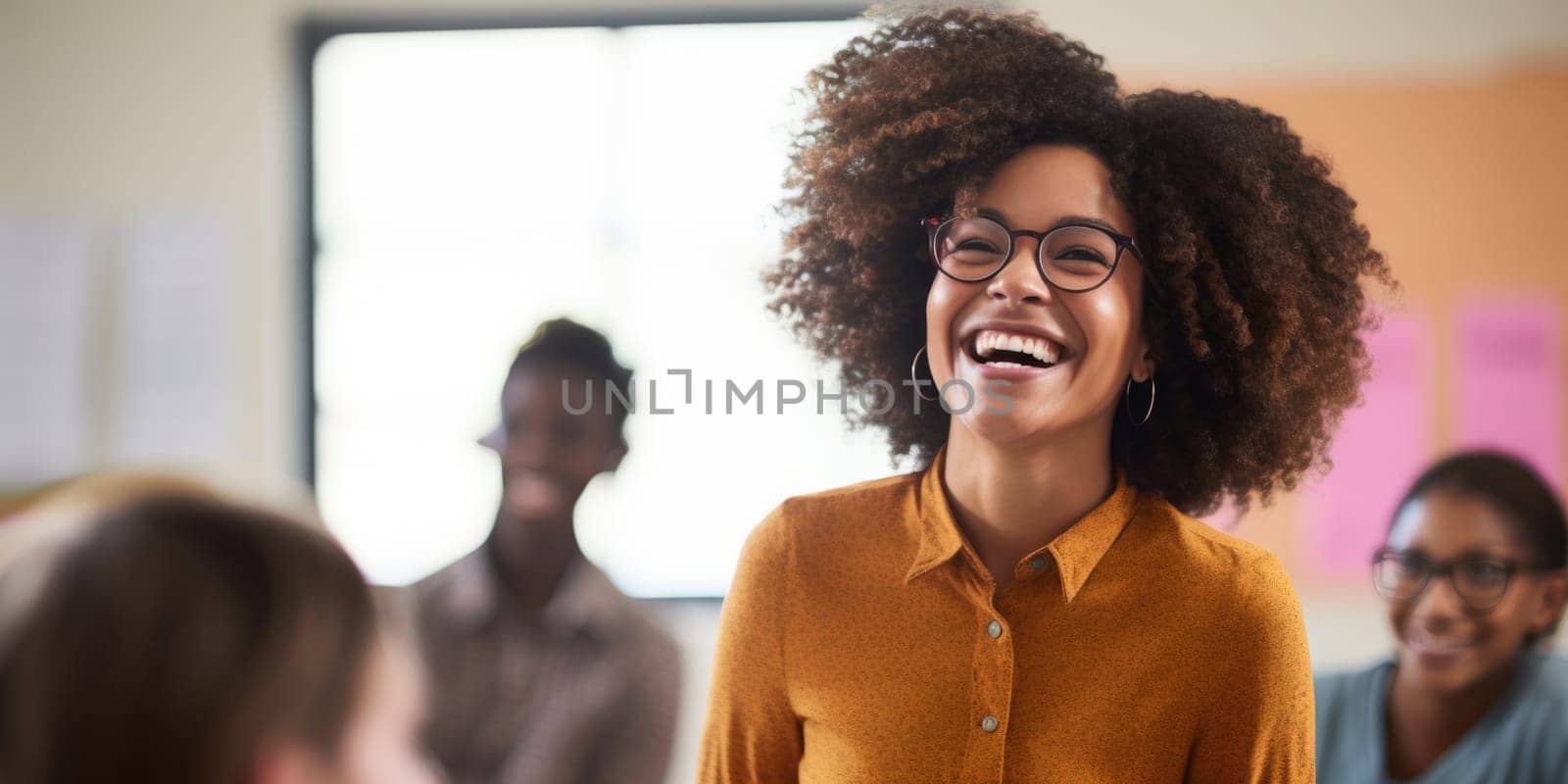 smiling African American woman teaching in classroom. AI Generated by Desperada