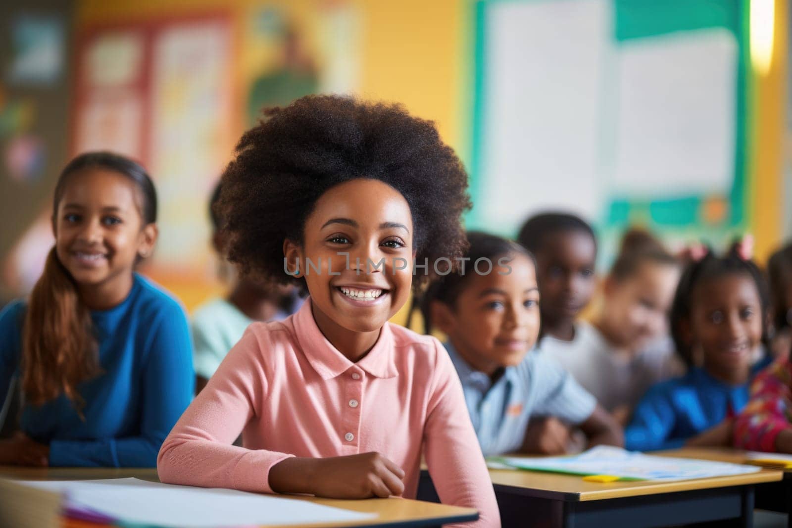 smiling African American girl studying in classroom. AI Generated by Desperada