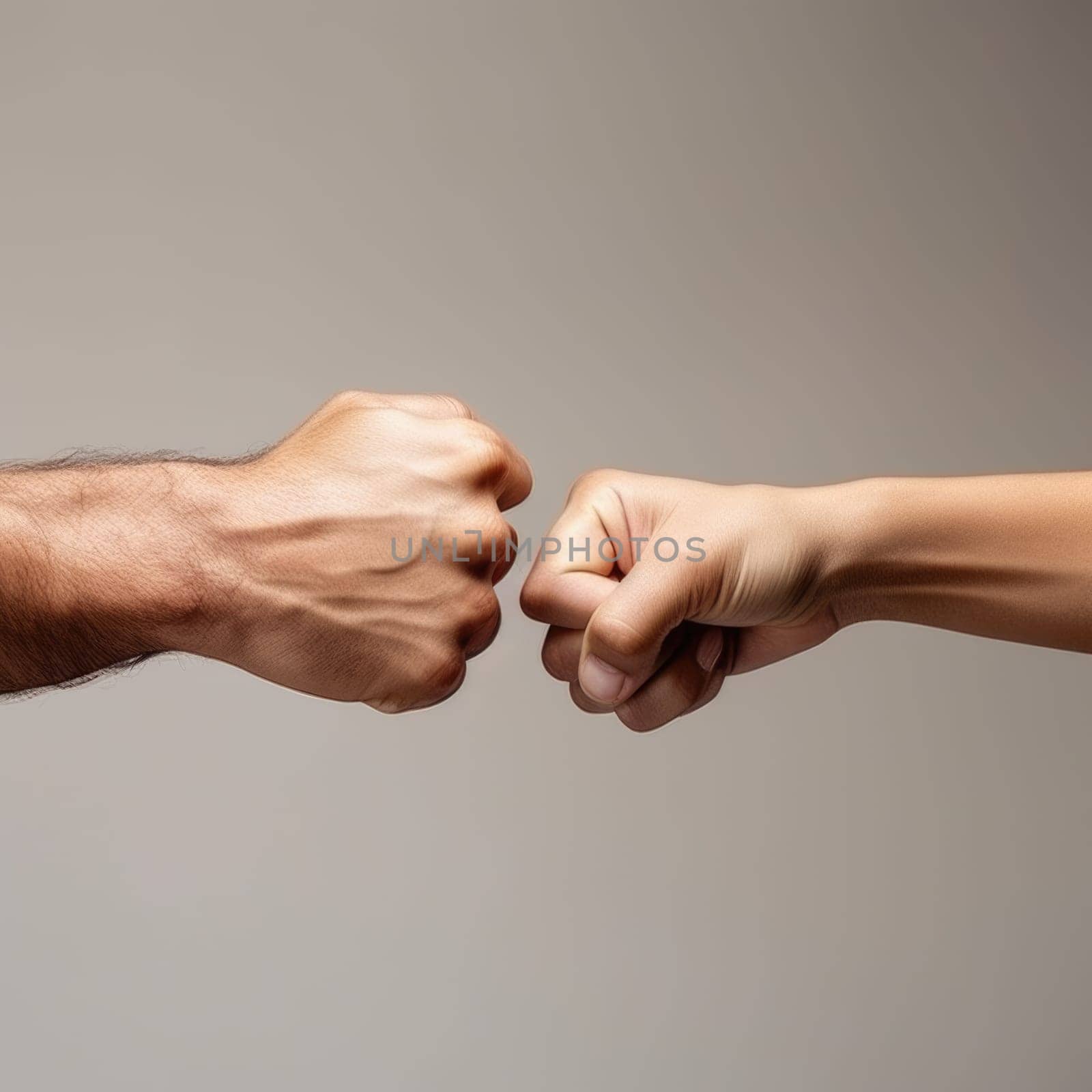 Black history month. Closeup of two arms different race skin colors multinational friends giving fist bump. AI Generated