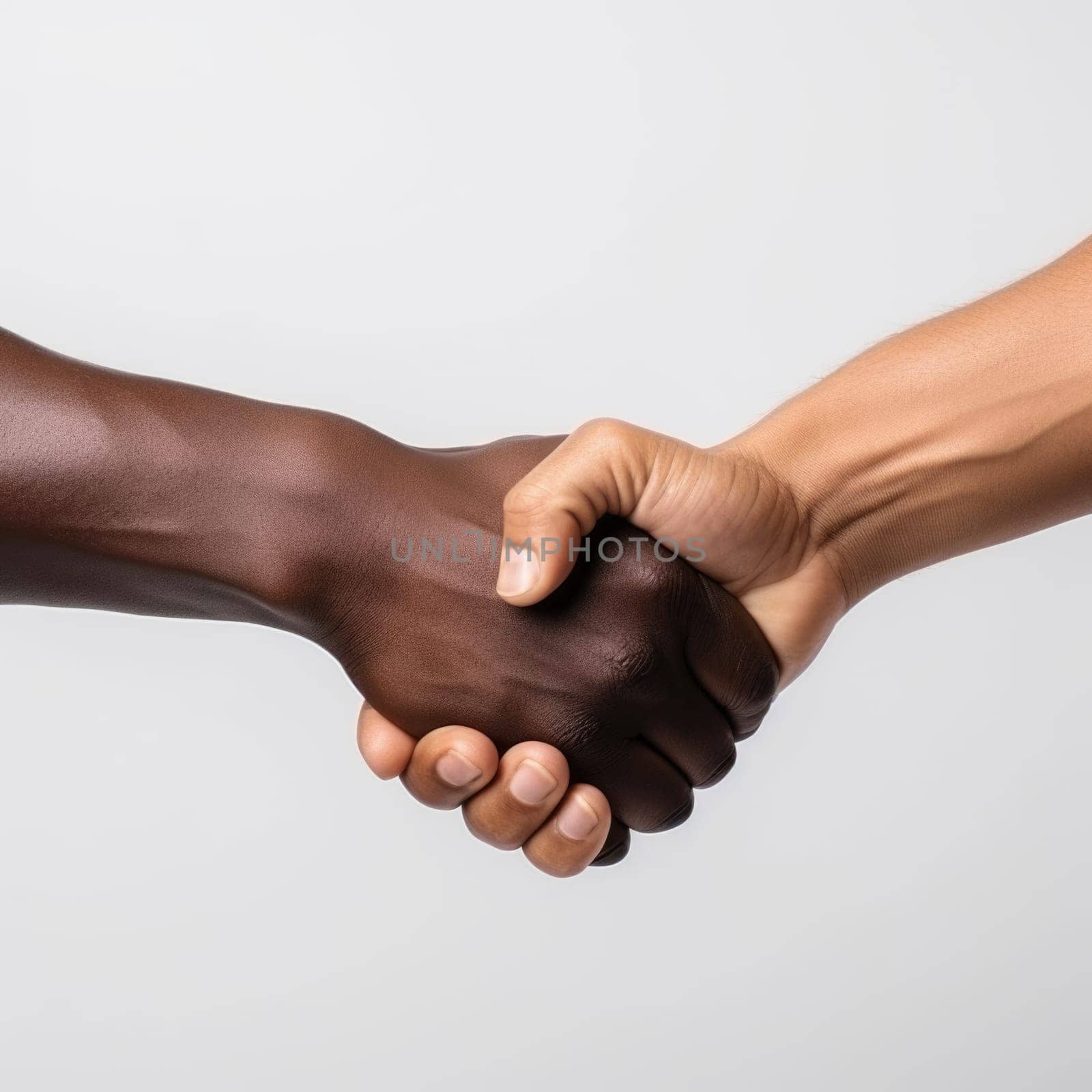 Black history month. Closeup of two arms different race skin colors multinational friends shaking hands. AI Generated
