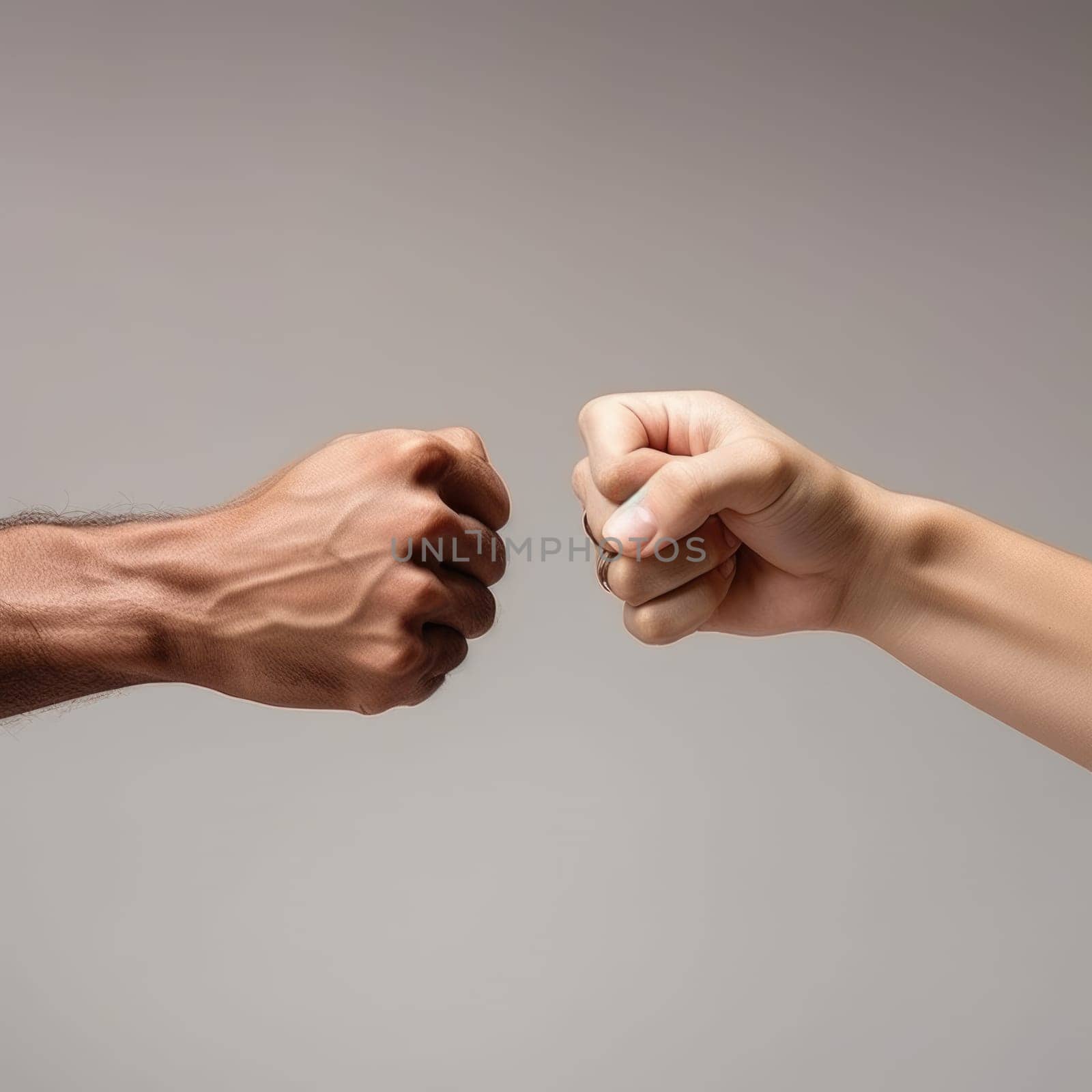 Black history month. Closeup of two arms different race skin colors multinational friends giving fist bump. AI Generated