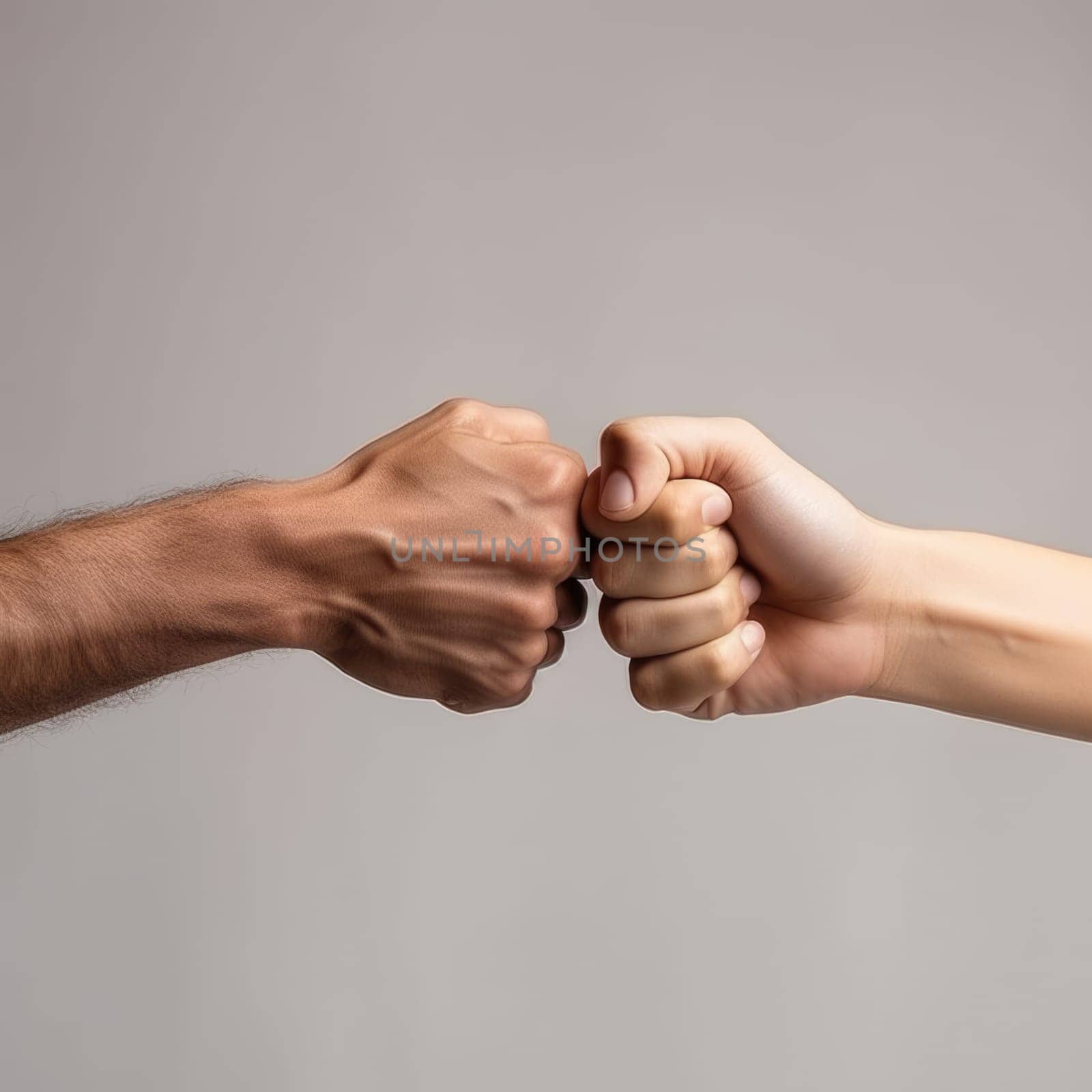 Black history month. Closeup of two arms different race skin colors multinational friends giving fist bump. AI Generated