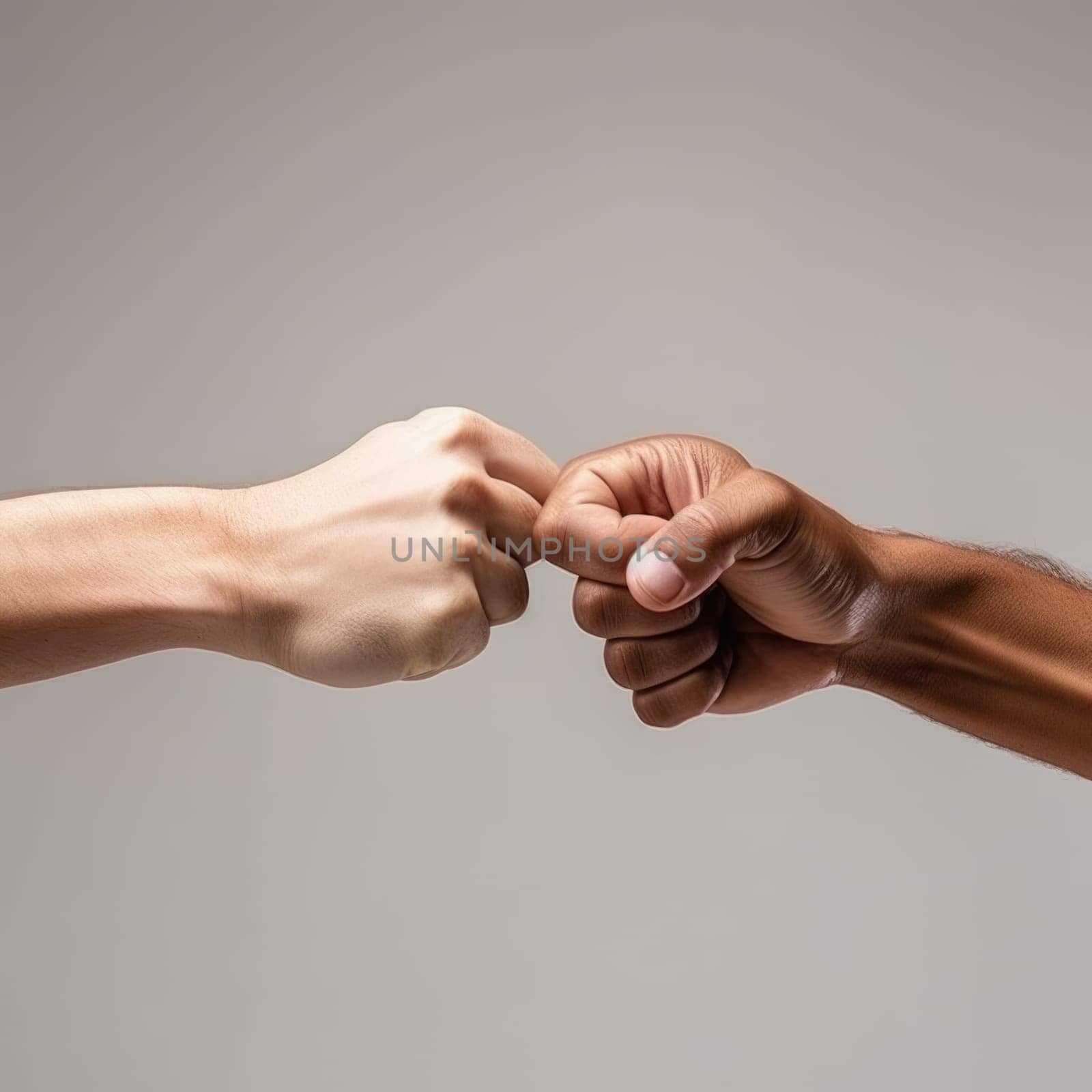 Black history month. Closeup of two arms different race skin colors multinational friends giving fist bump. AI Generated