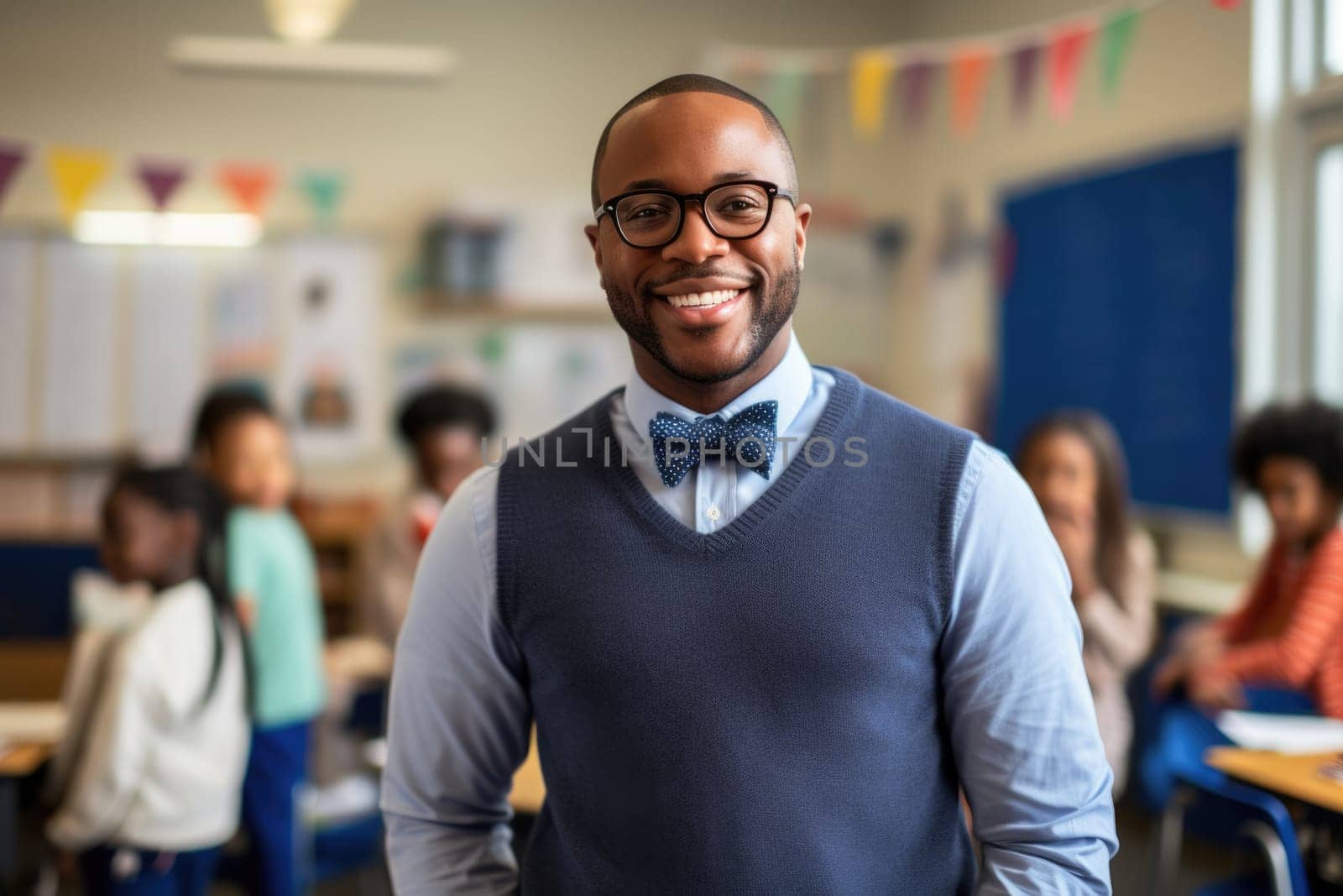 smiling African American man wearing glasses teaching in classroom. AI Generated by Desperada