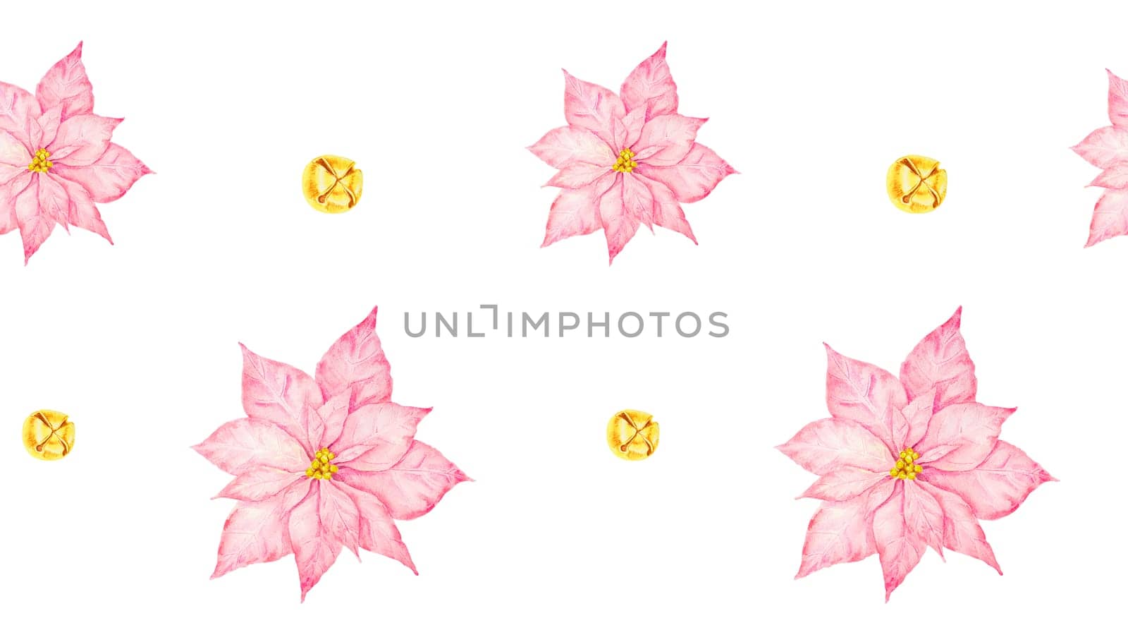 Pink poinsettia and gold bells. Watercolor hand drawn seamless border with Christmas sweets. Winter symbols for holiday season prints, background, packing paper, textile, fabric
