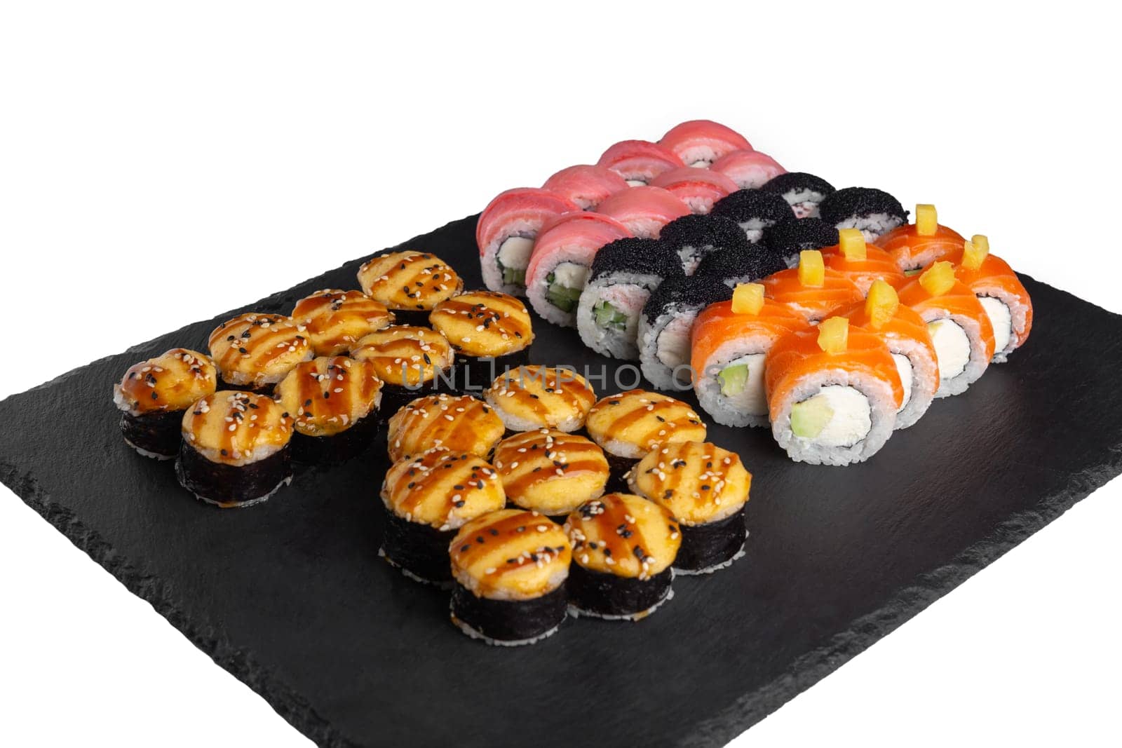 Sushi set with ginger and wasabi on a slate plate by BY-_-BY