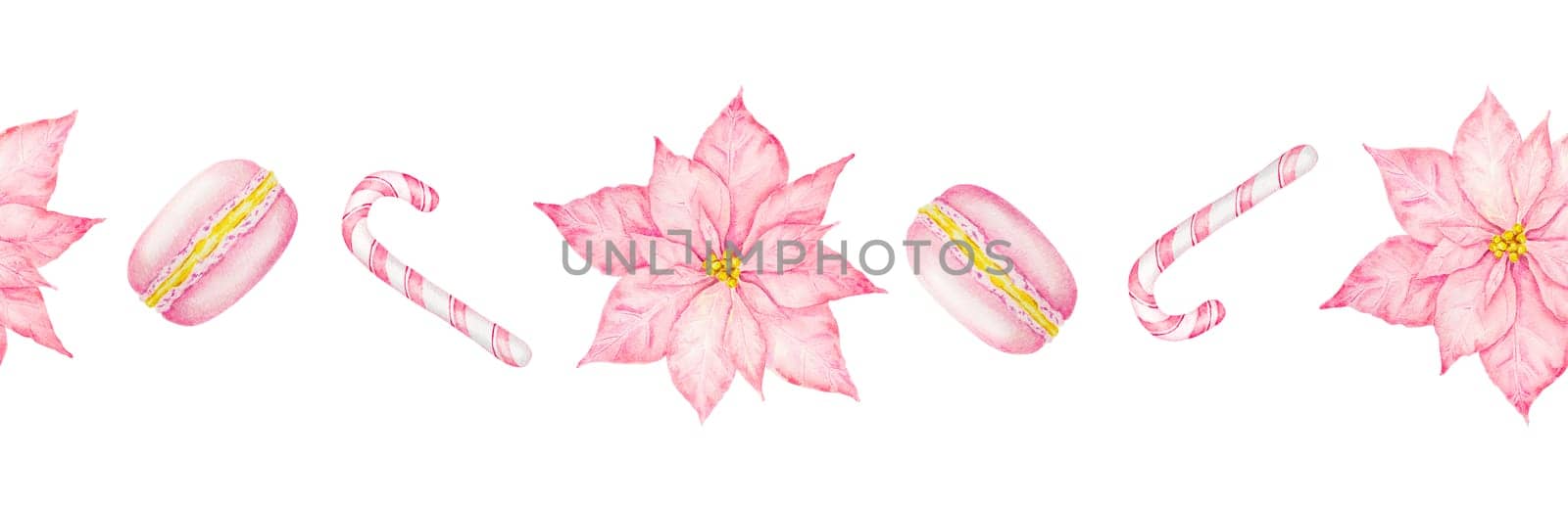 Pink poinsettia, New Year's candy canes, macarons. Watercolor hand drawn seamless border with Christmas sweets. Winter symbols for holiday season prints for packing for pastry shop, bakery, invitations, cards, posters