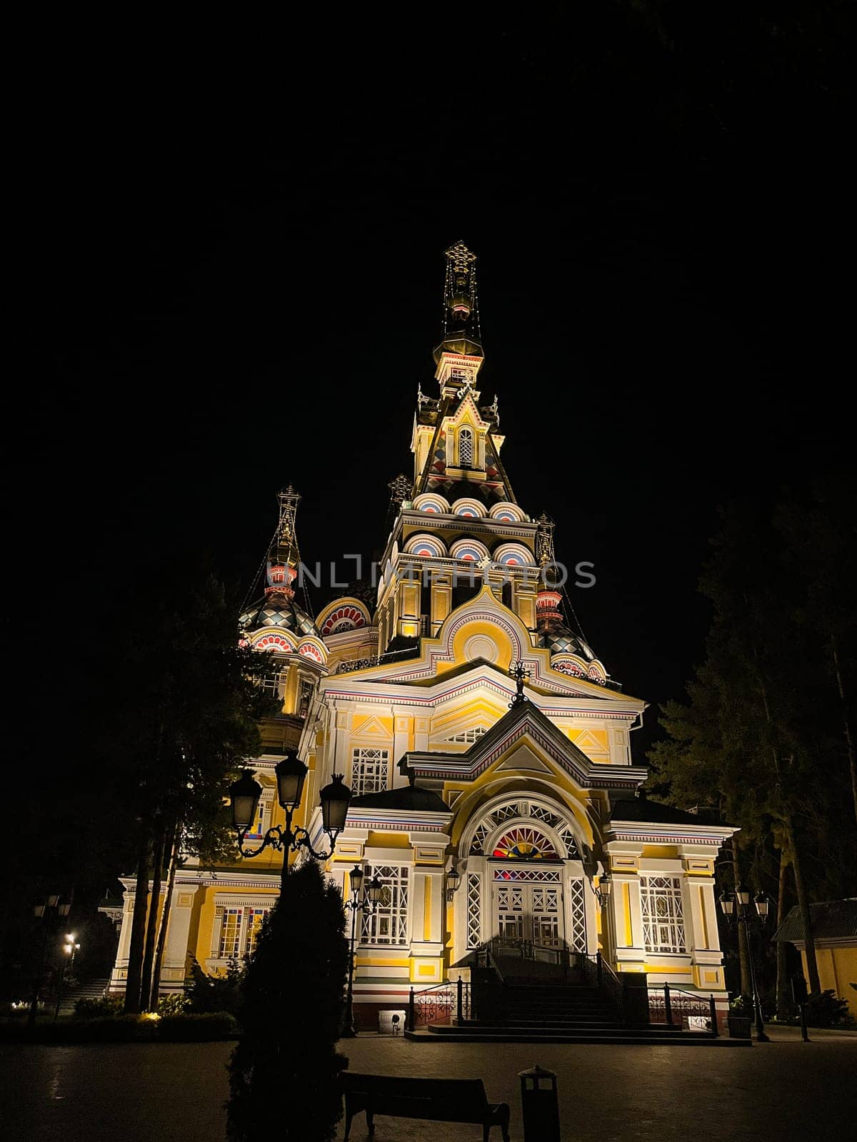 Orthodox Cathedral in the park in Almaty at night by Pukhovskiy