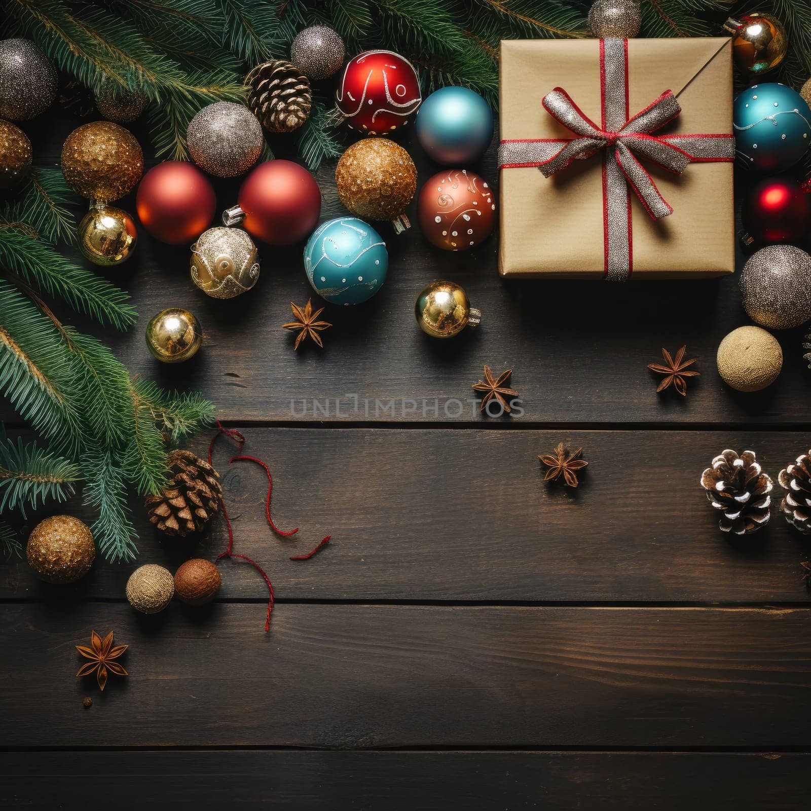 Christmas balls, presents, pine branches and cones on wooden background with copy space. Top view, flat lay