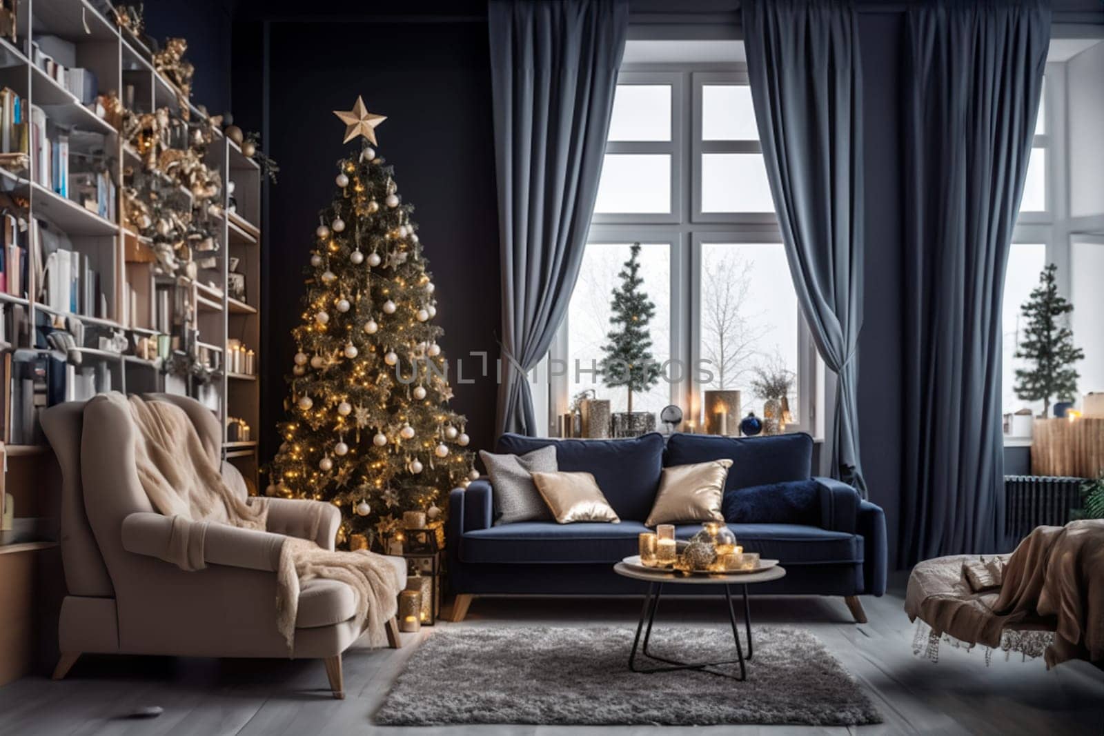A spectacular Christmas tree and a sophisticated sofa embellish the contemporary living room. A fusion of elegance and festivity in interior decor