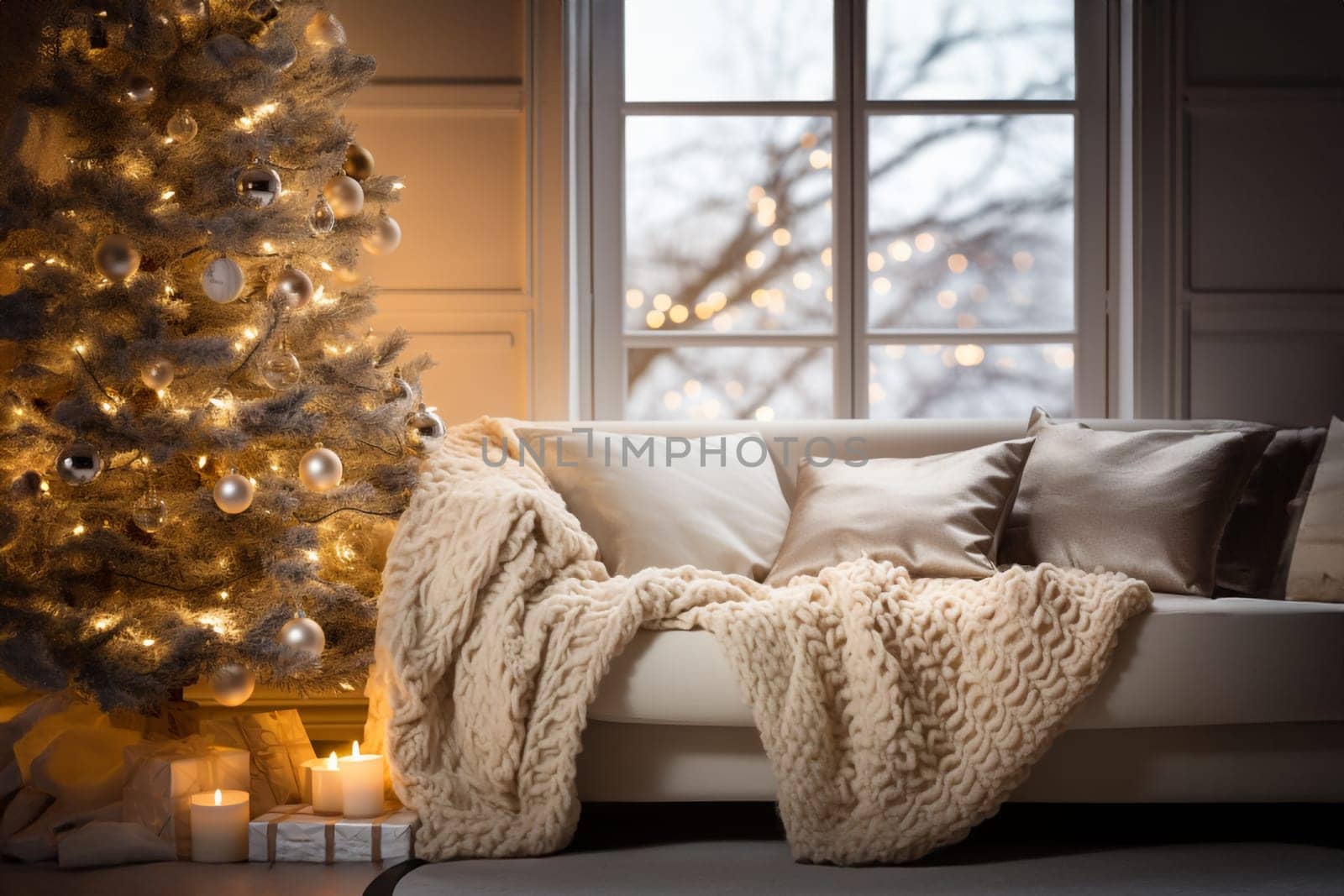 Bright room decorated for Christmas or New Year with a Christmas tree, a sofa with a soft, draped blanket, an illuminated window, and light curtains creating a warm festive atmosphere.