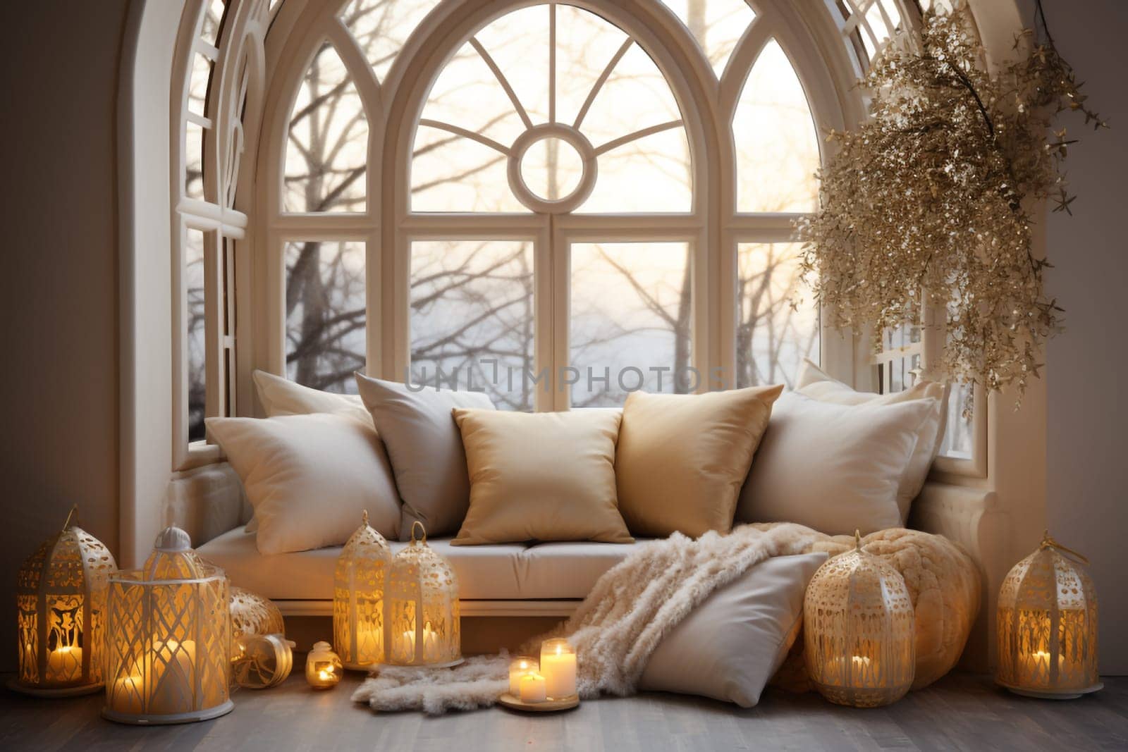 Illuminated room with a large window decorated for Christmas by Ciorba