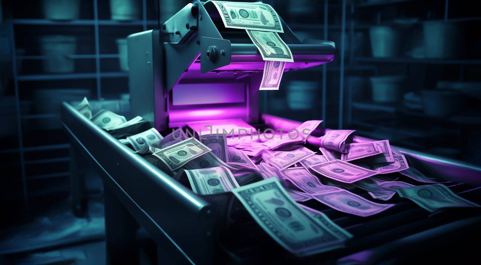 Printing Money Dollars Of Usa Bills On A Print Press Machine In Typography In Neon Light Finance, Tax, Stock Market And Investment, Making Money Concept. Inflation Or Crysis. Ai Generated.