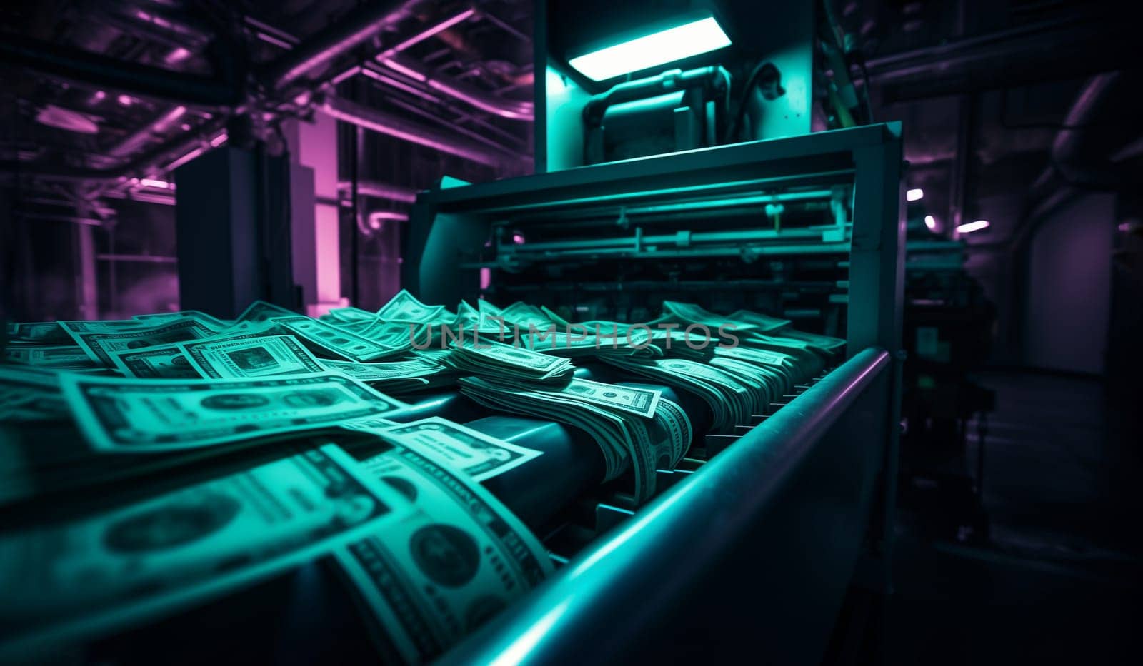 Factory of Printing Money. Dollars Of USA Bills On A Print Press Machine In Typography In Neon Green Light. Finance, Stock Market ,Tax Or Investment. Hyperinflation Or Crysis. Ai Generated by netatsi