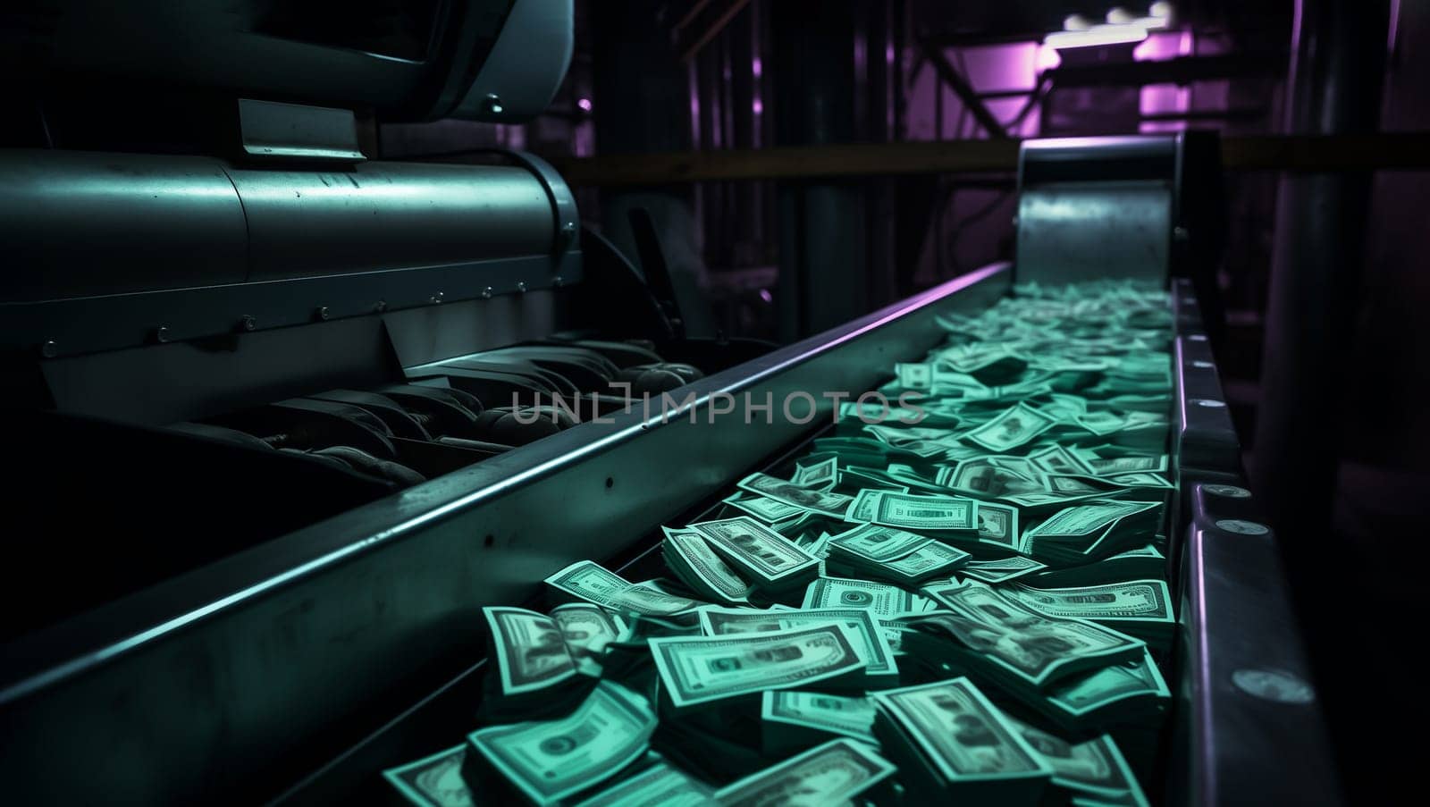 Machine Runs Down Conveyor With Stack Of Hundred Dollar Bills, Banknote. Print Press Money Machine. Finance, Stock Market ,tax Or Investment. Copy Space For Text. Ai Generated. Horizontal Plane