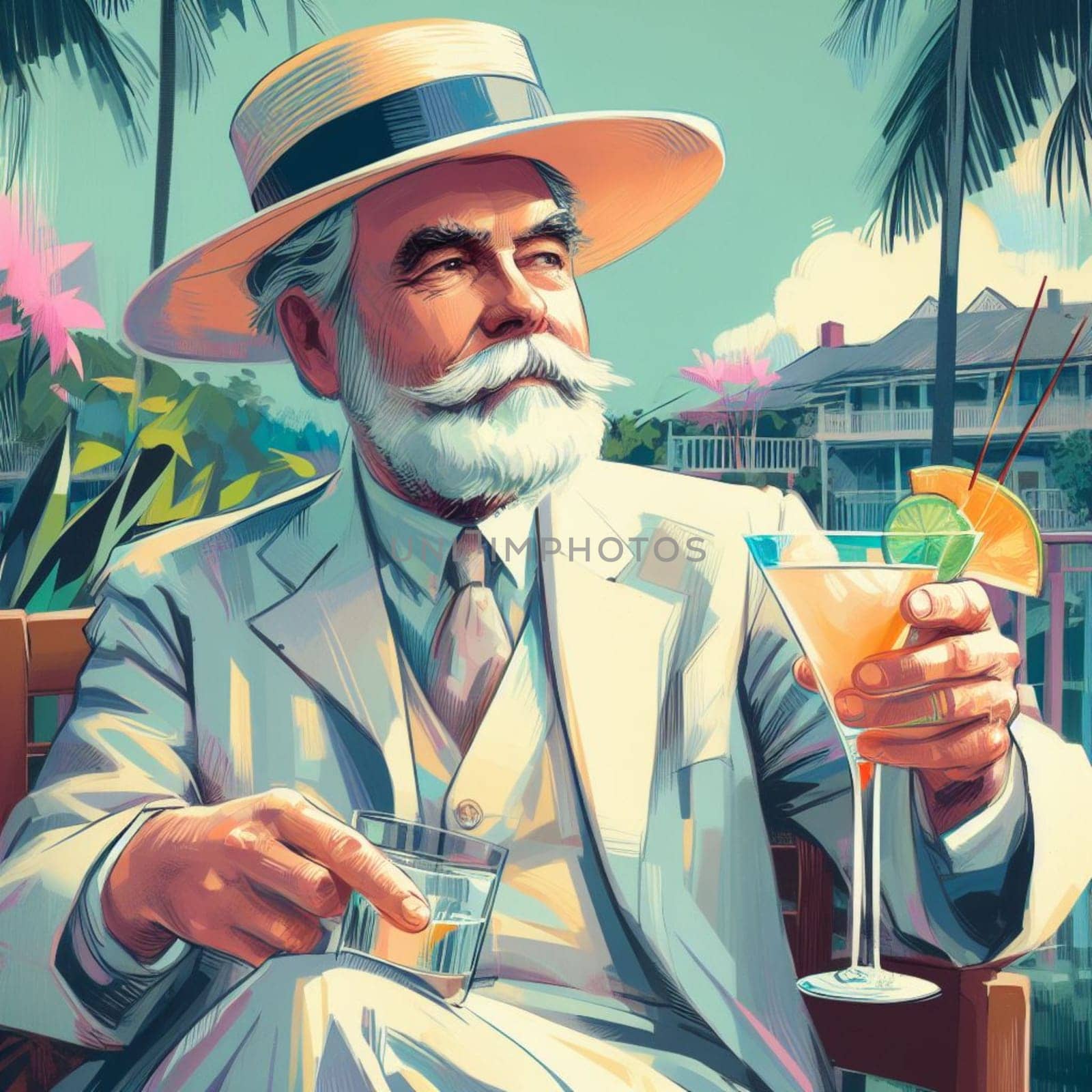 portrait of famous writer spy illustration drinking his cocktail in key west, florida by verbano