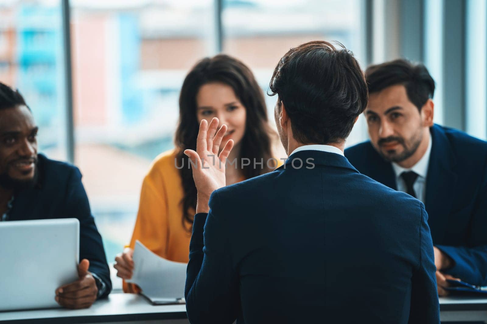 Diversity recruiters interview candidate at the bright office. Intellectual. by biancoblue