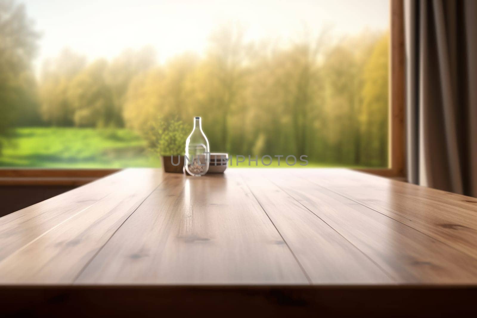 wooden table top, the large one has a view against the background of nature in early autumn.