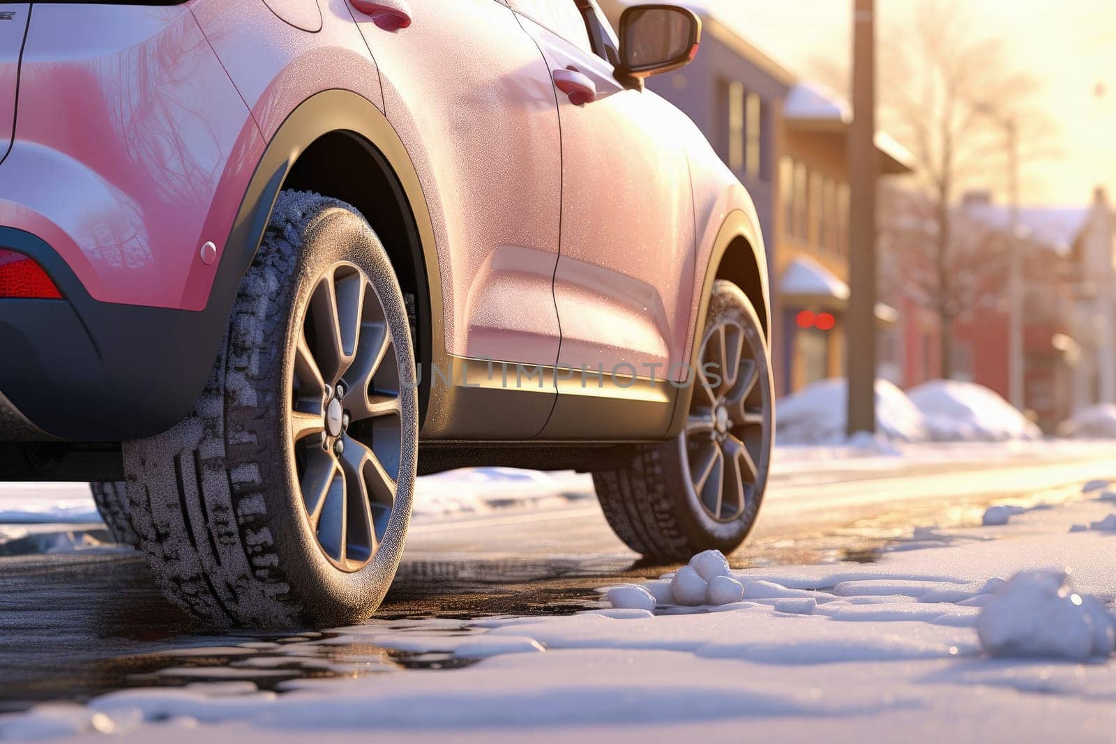 A car with winter tires. The concept of replacing car tires from summer to winter tires. High quality photo