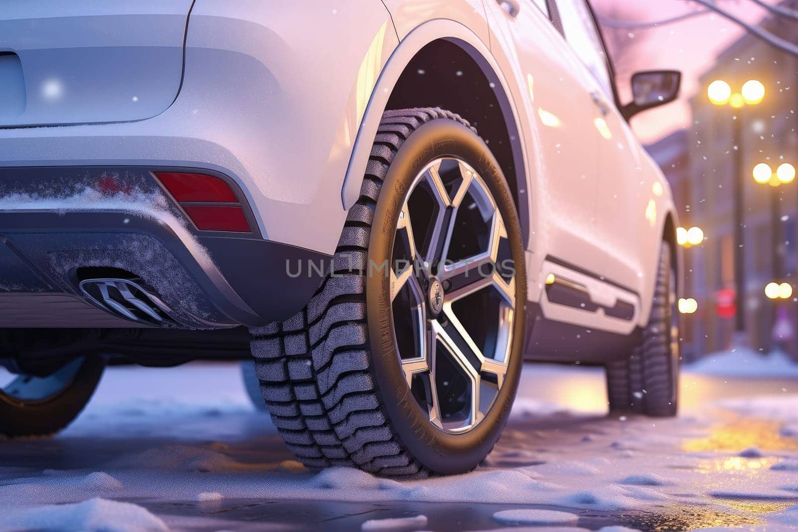 A car with winter tires. The concept of replacing car tires from summer to winter tires. High quality photo